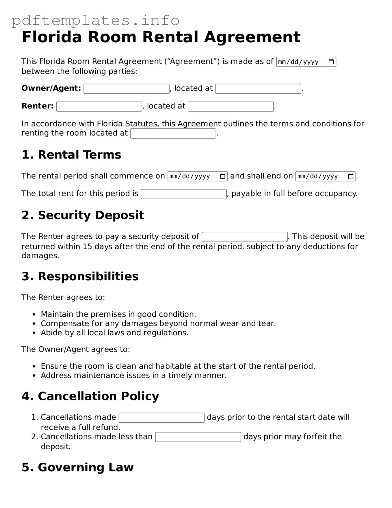 Blank Room Rental Agreement Form for Florida State