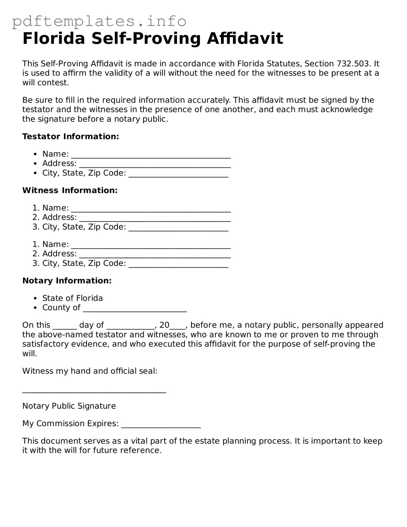 Blank Self-Proving Affidavit Form for Florida State