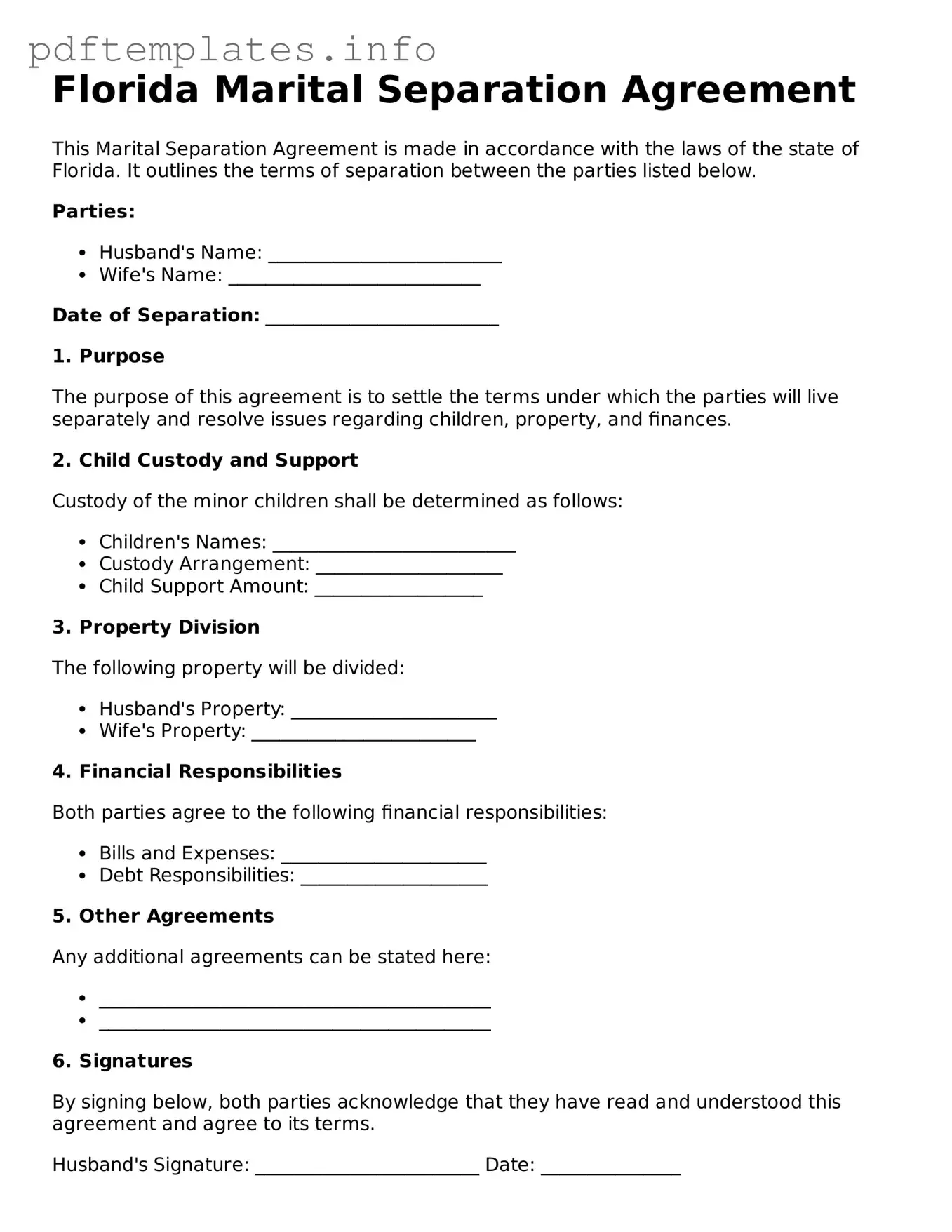 Blank Marital Separation Agreement Form for Florida State