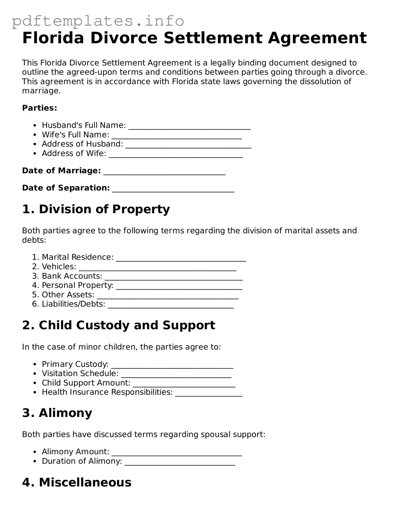 Blank Divorce Settlement Agreement Form for Florida State