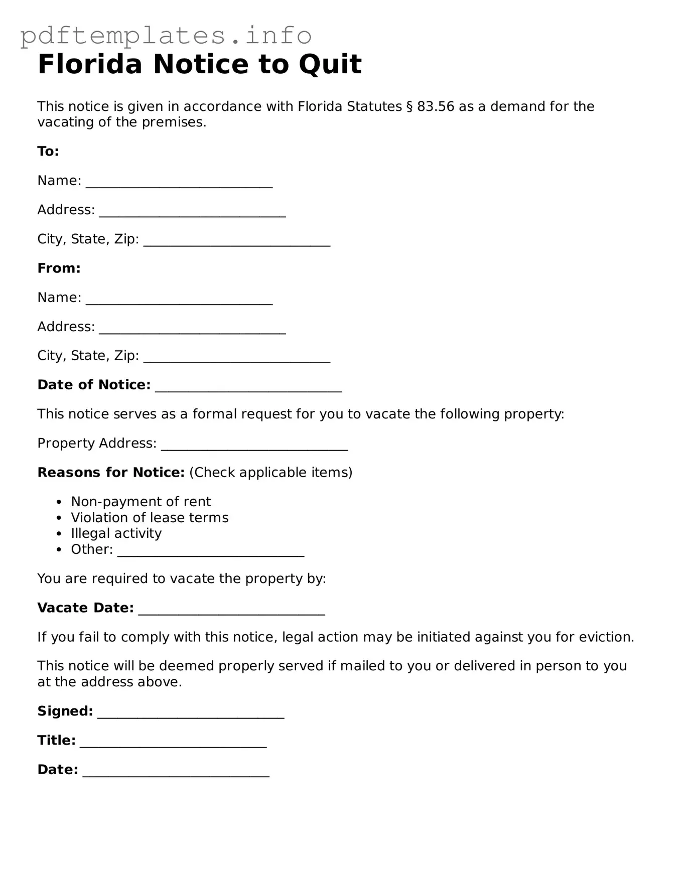 Blank Notice to Quit Form for Florida State
