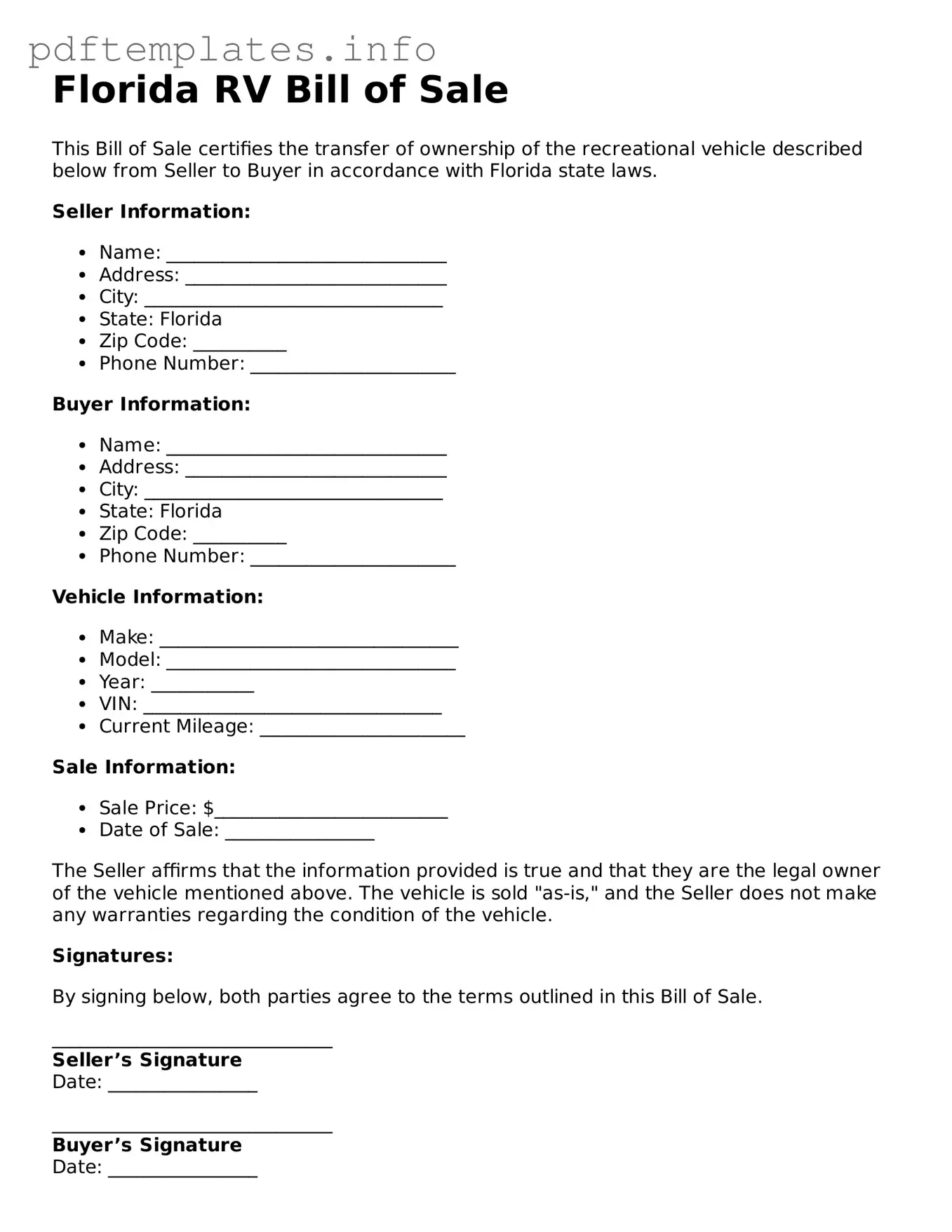 Blank RV Bill of Sale Form for Florida State