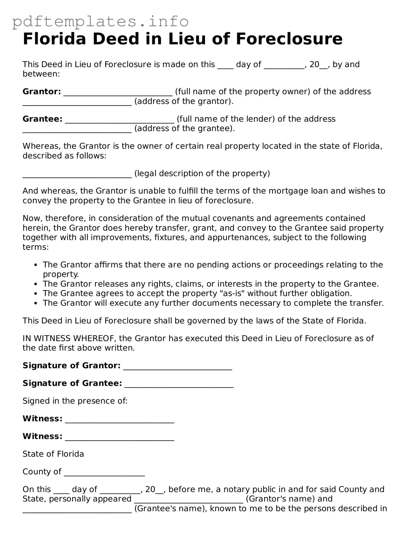 Blank Deed in Lieu of Foreclosure Form for Florida State