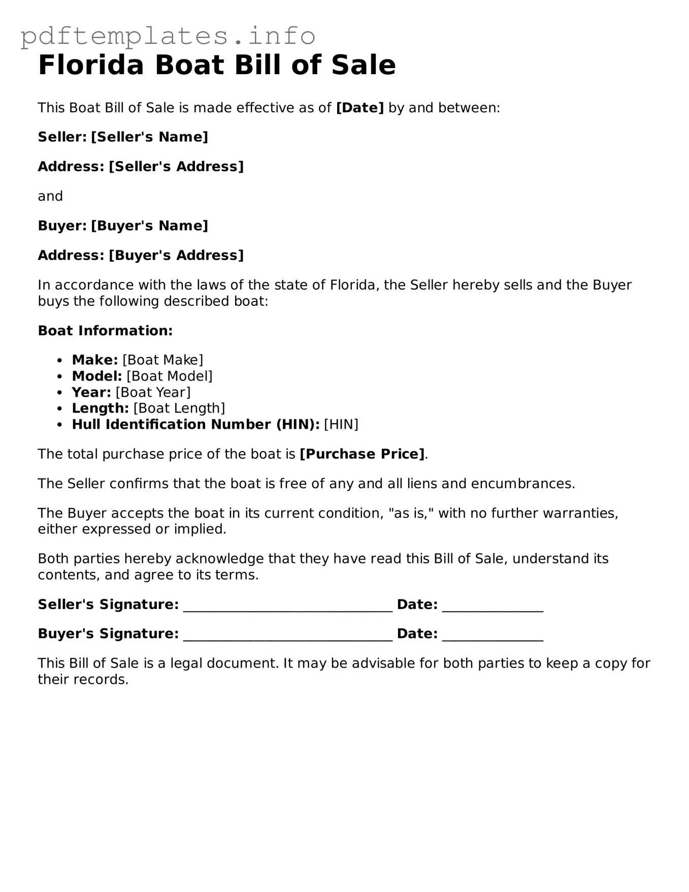Blank Boat Bill of Sale Form for Florida State