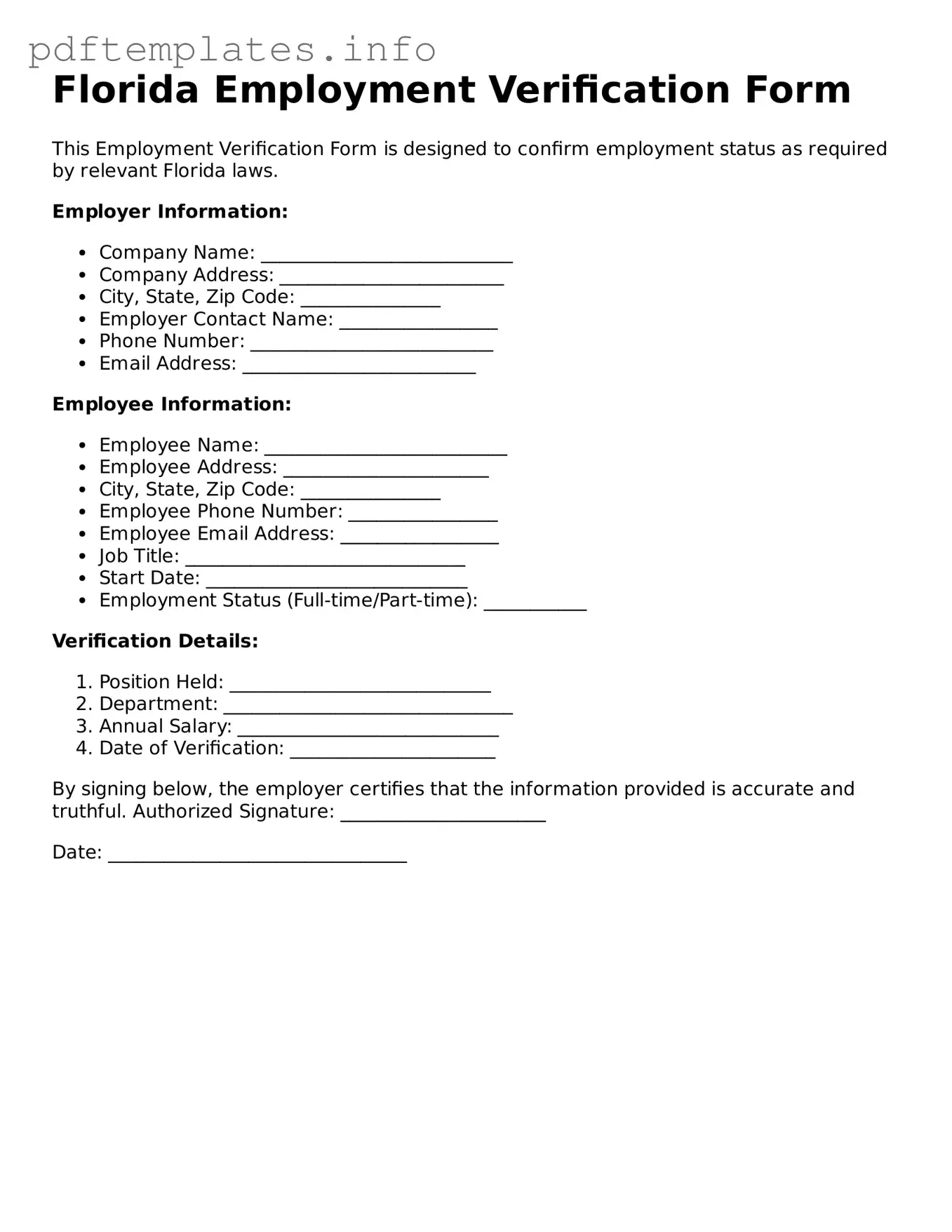 Blank Employment Verification Form for Florida State