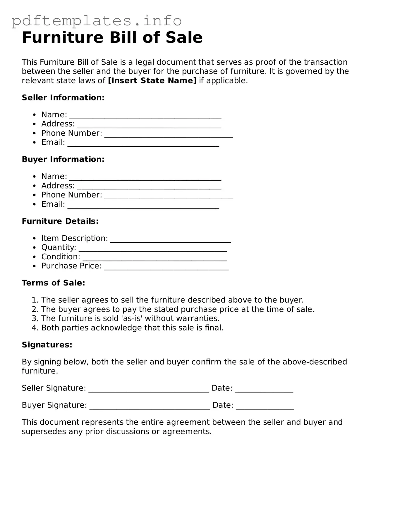 Printable Furniture Bill of Sale Form