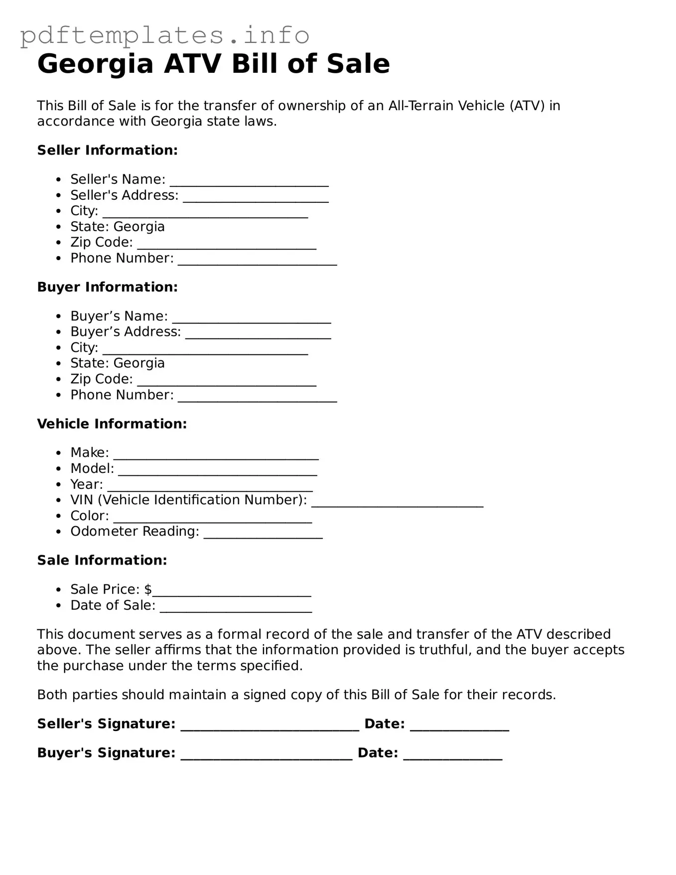 Blank ATV Bill of Sale Form for Georgia State