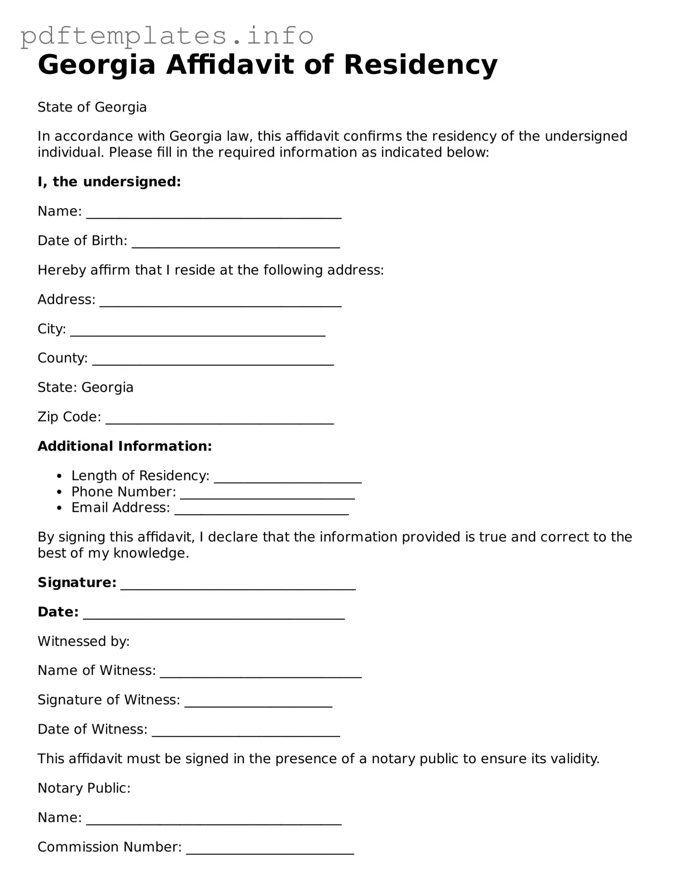 Blank Affidavit of Residency Form for Georgia State