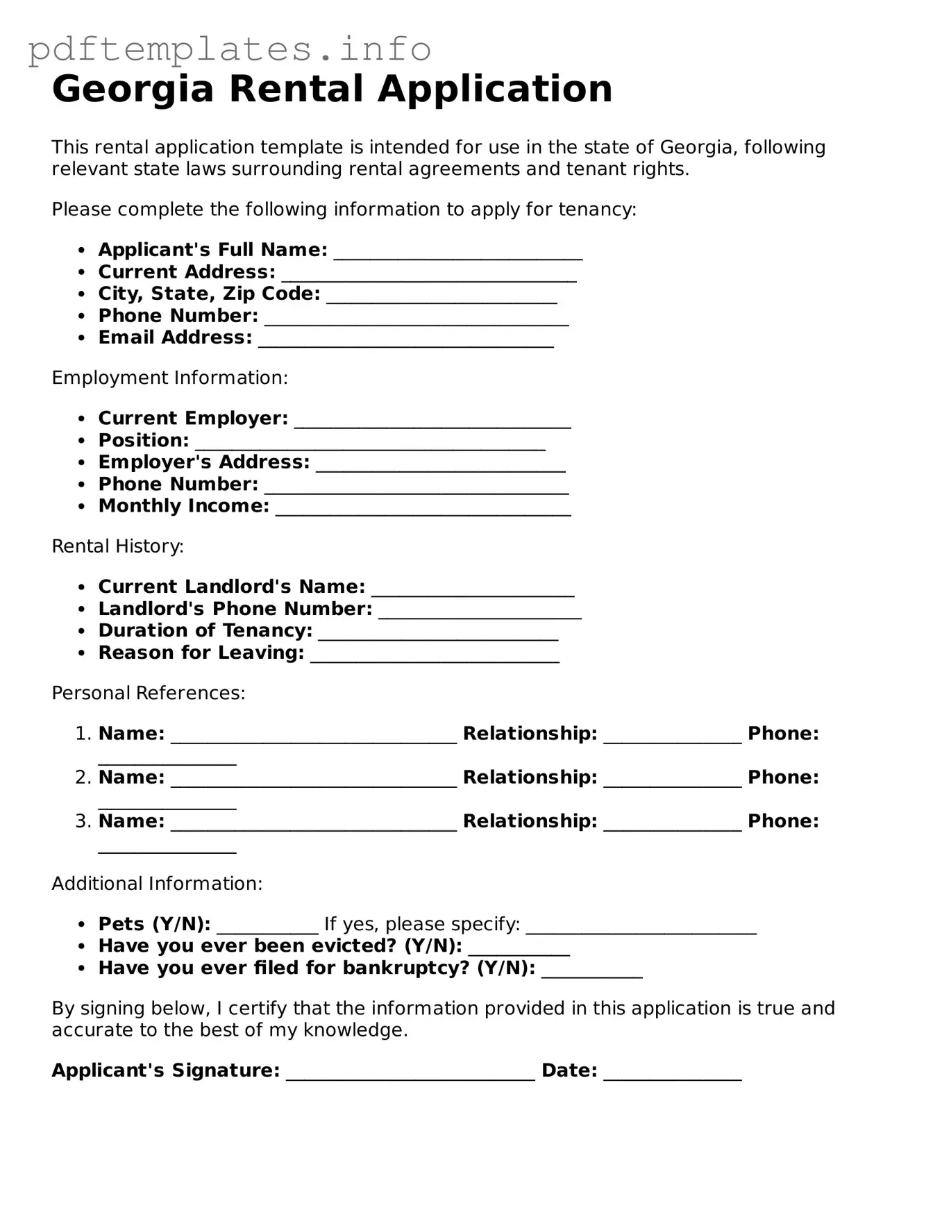 Blank Rental Application Form for Georgia State
