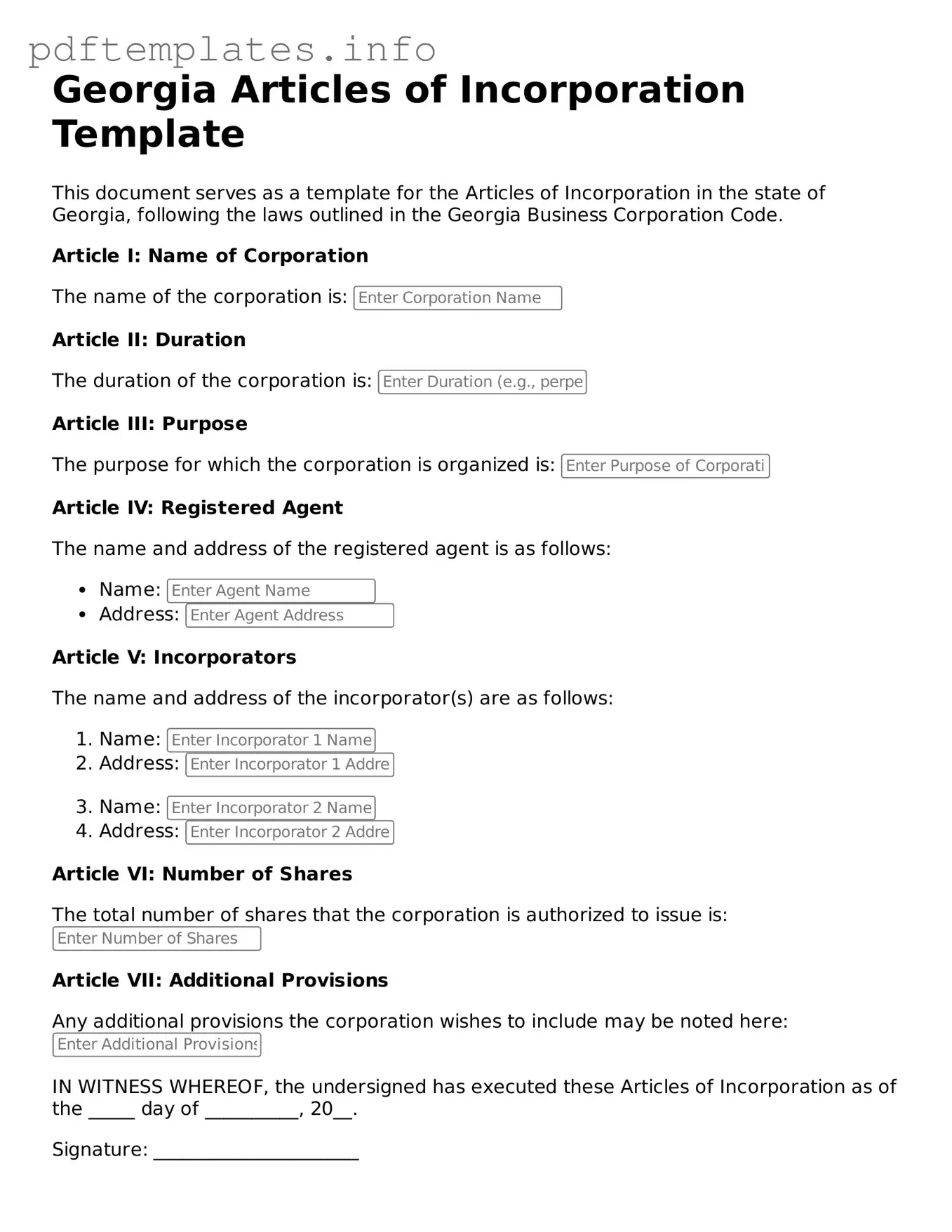 Blank Articles of Incorporation Form for Georgia State