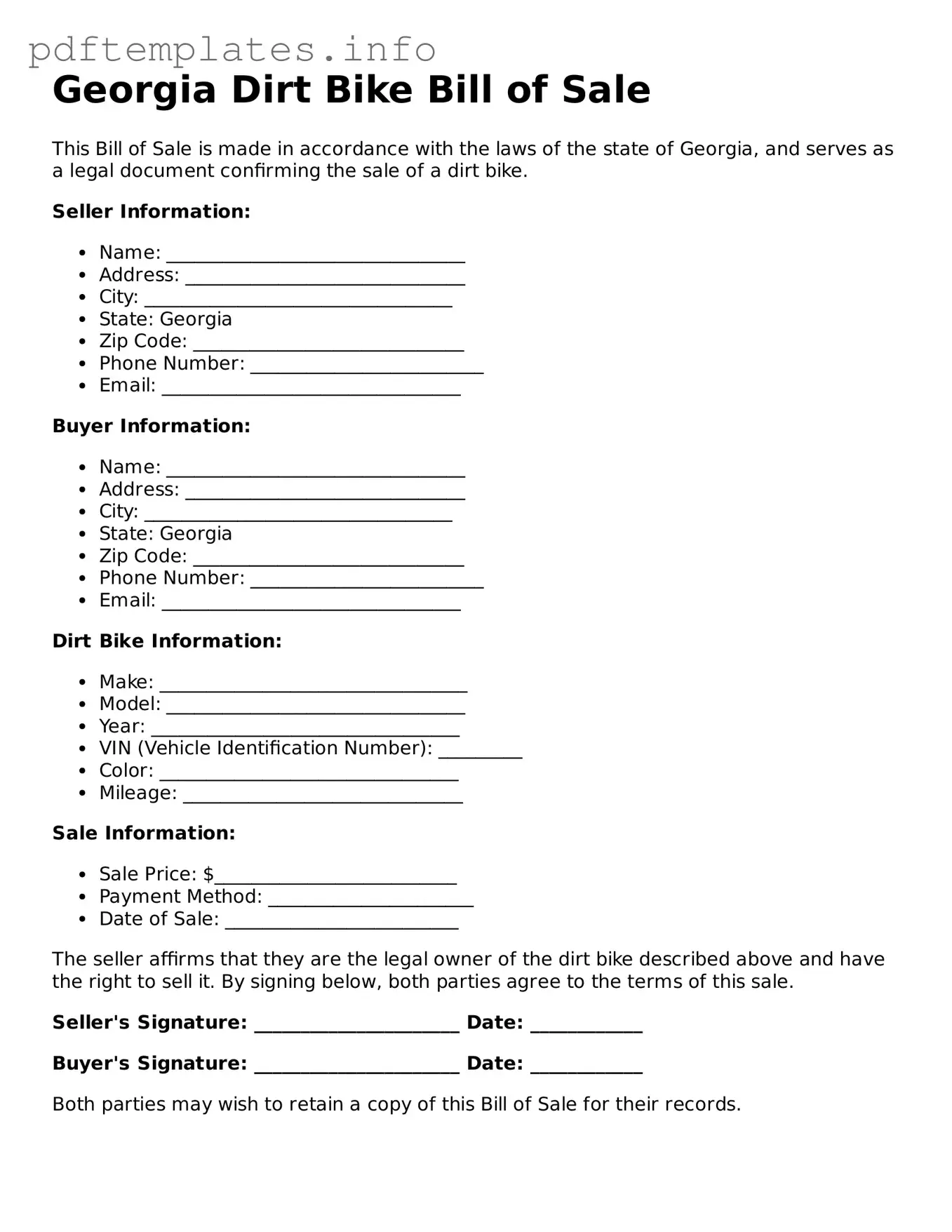 Blank Dirt Bike Bill of Sale Form for Georgia State