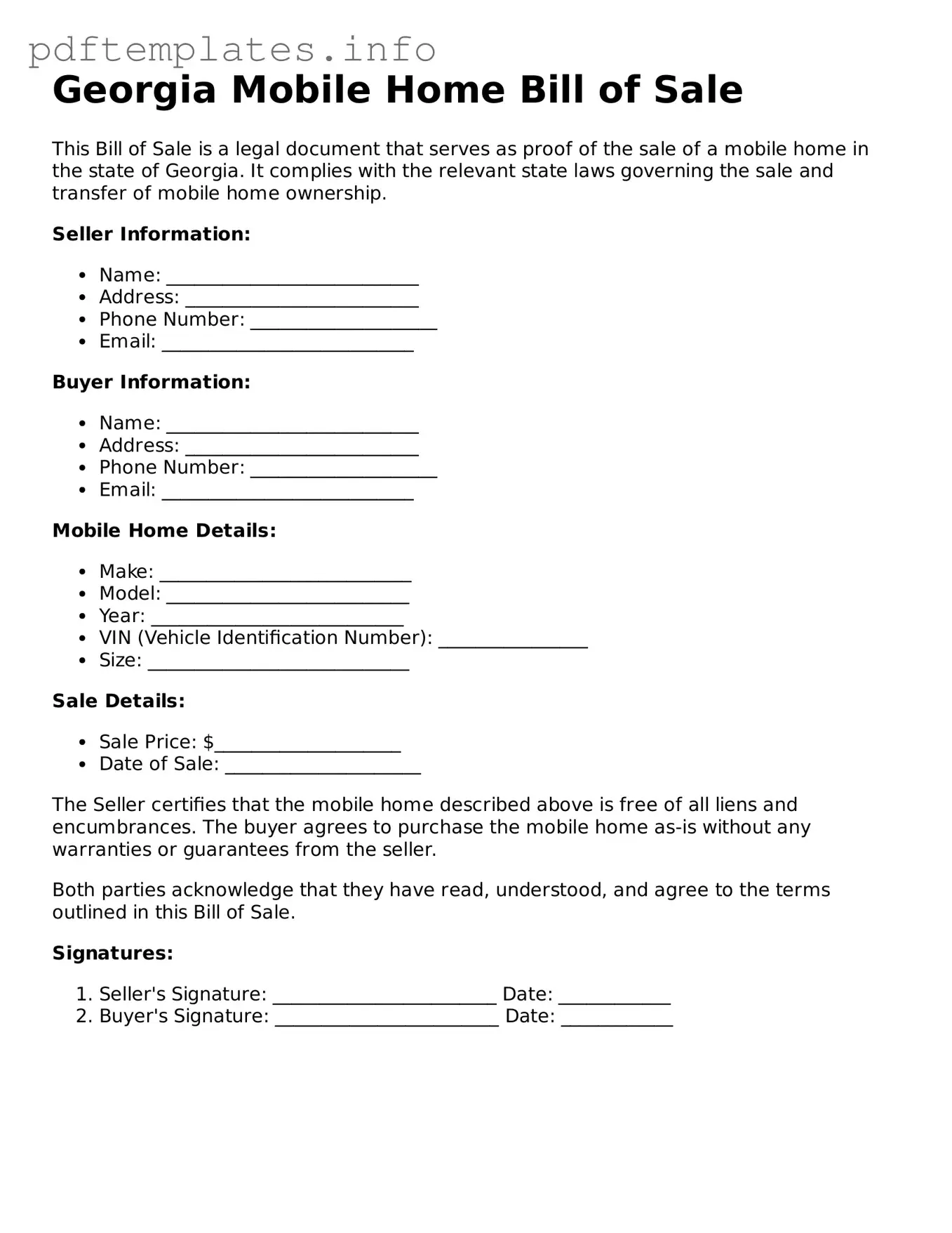 Blank Mobile Home Bill of Sale Form for Georgia State