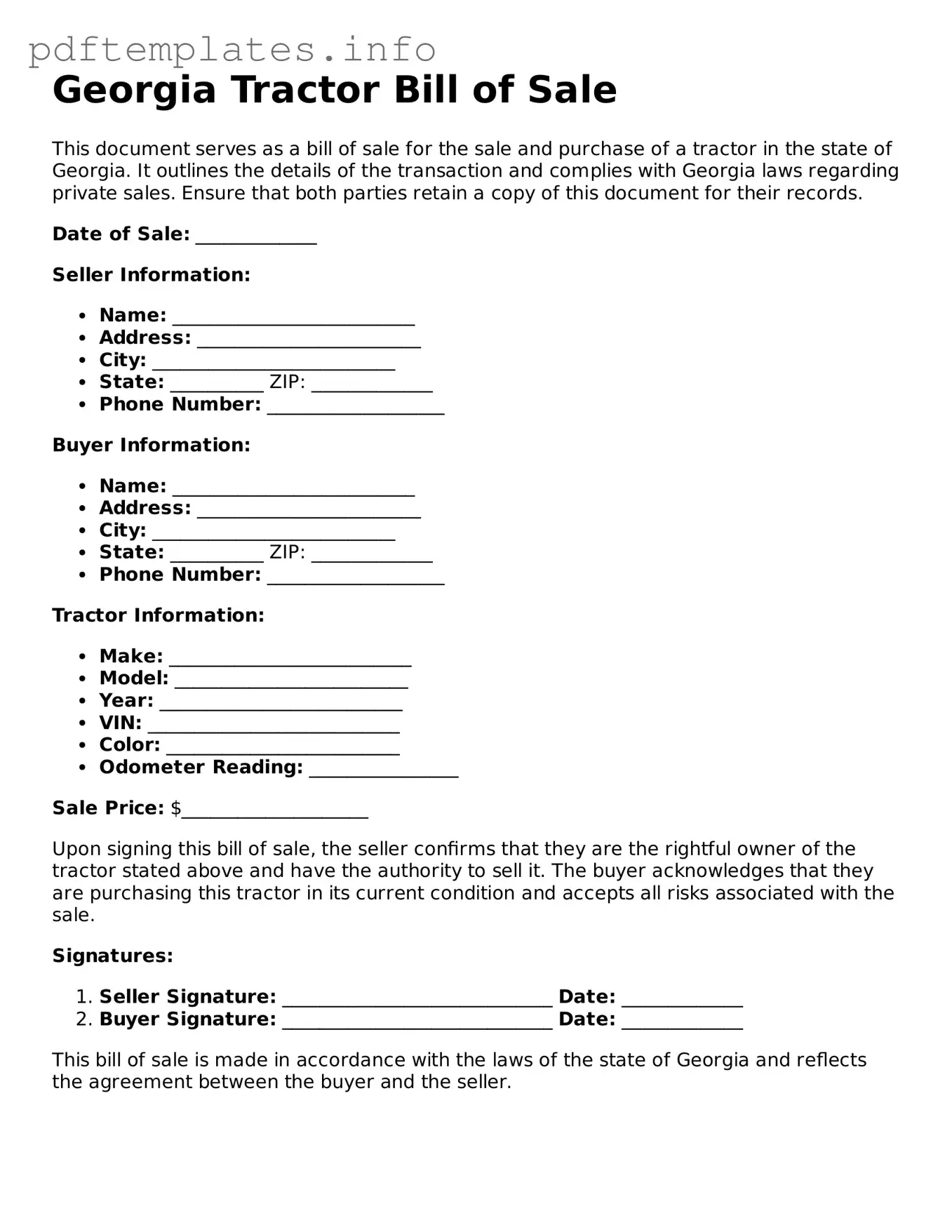 Blank Tractor Bill of Sale Form for Georgia State