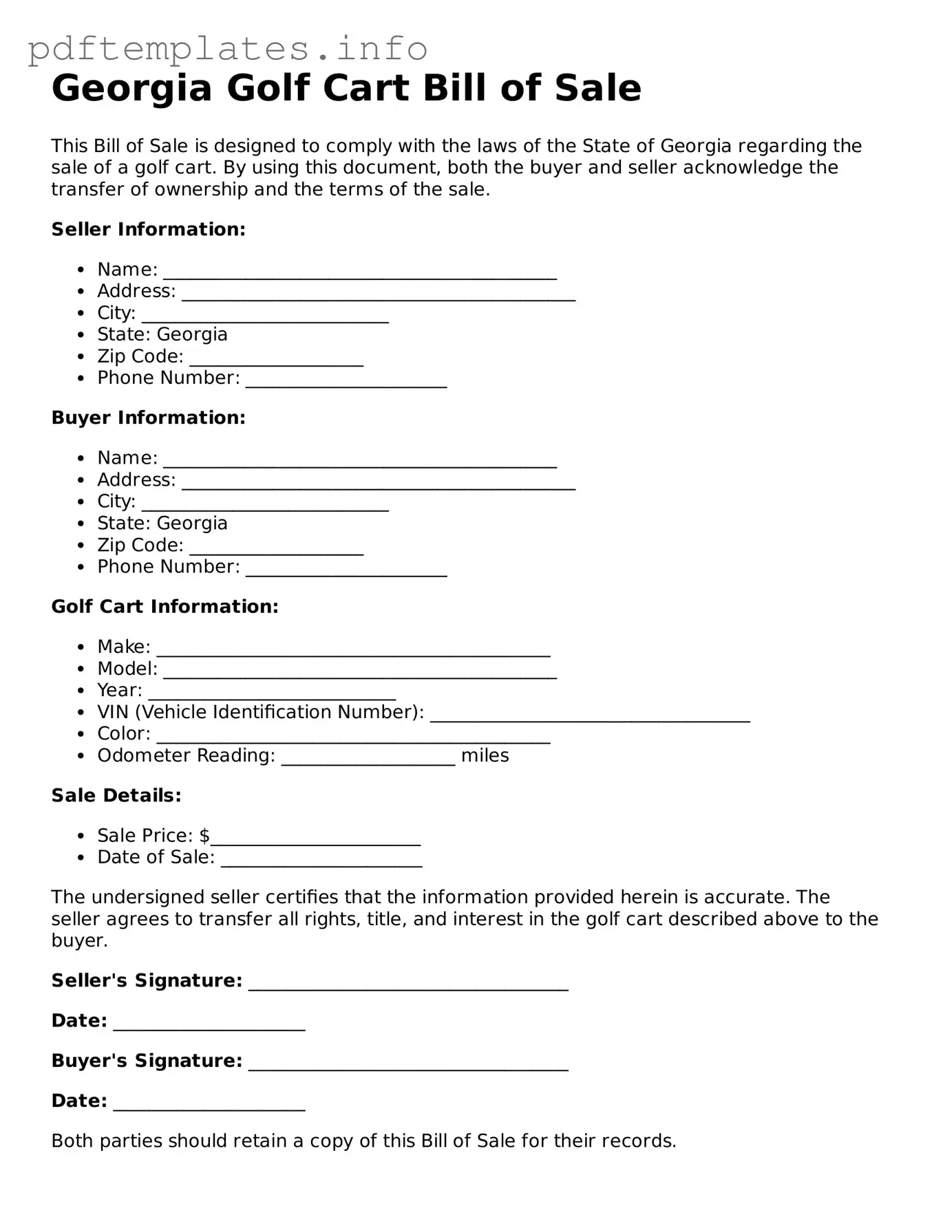 Blank Golf Cart Bill of Sale Form for Georgia State