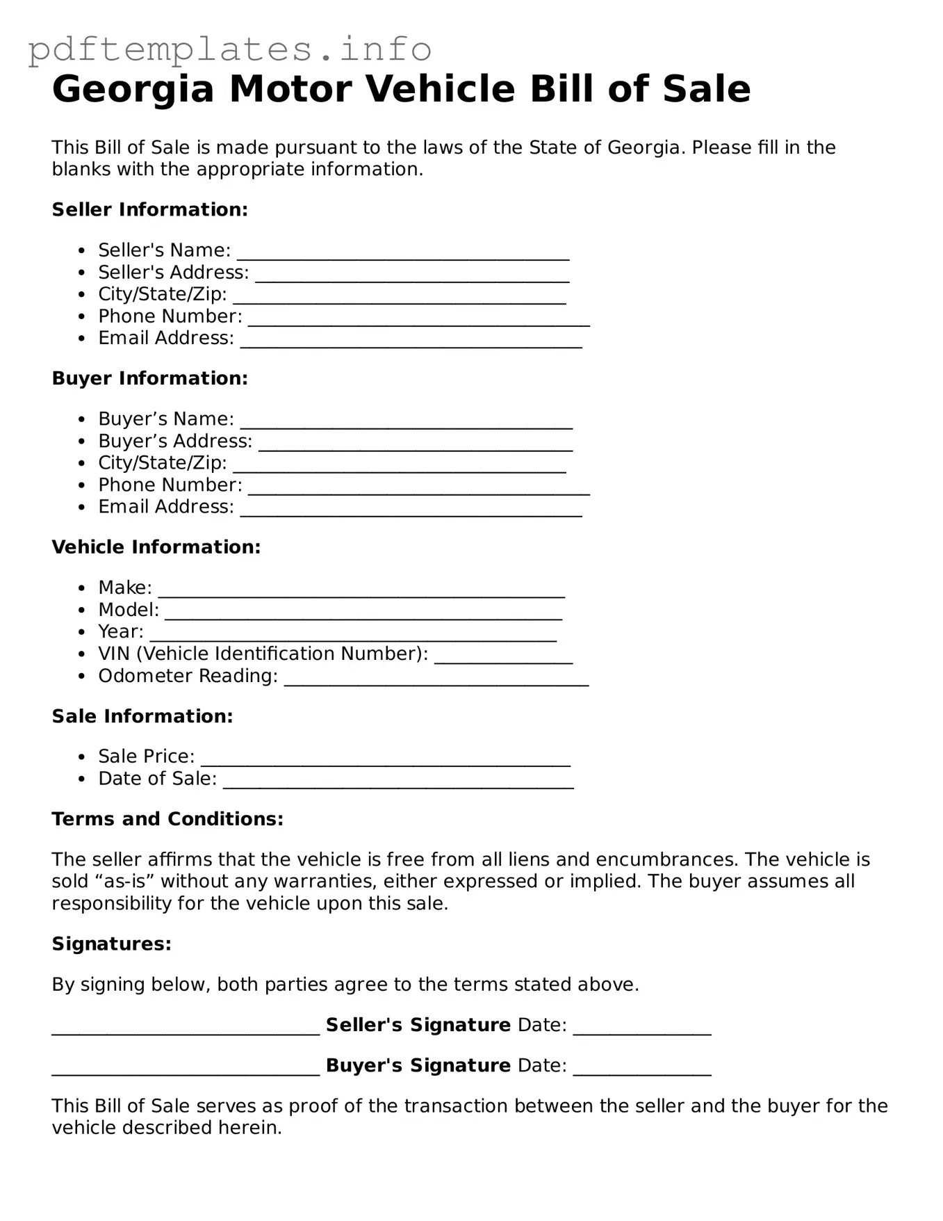 Blank Motor Vehicle Bill of Sale Form for Georgia State