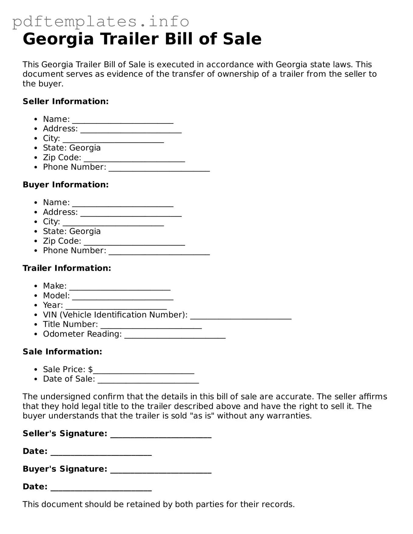 Blank Trailer Bill of Sale Form for Georgia State