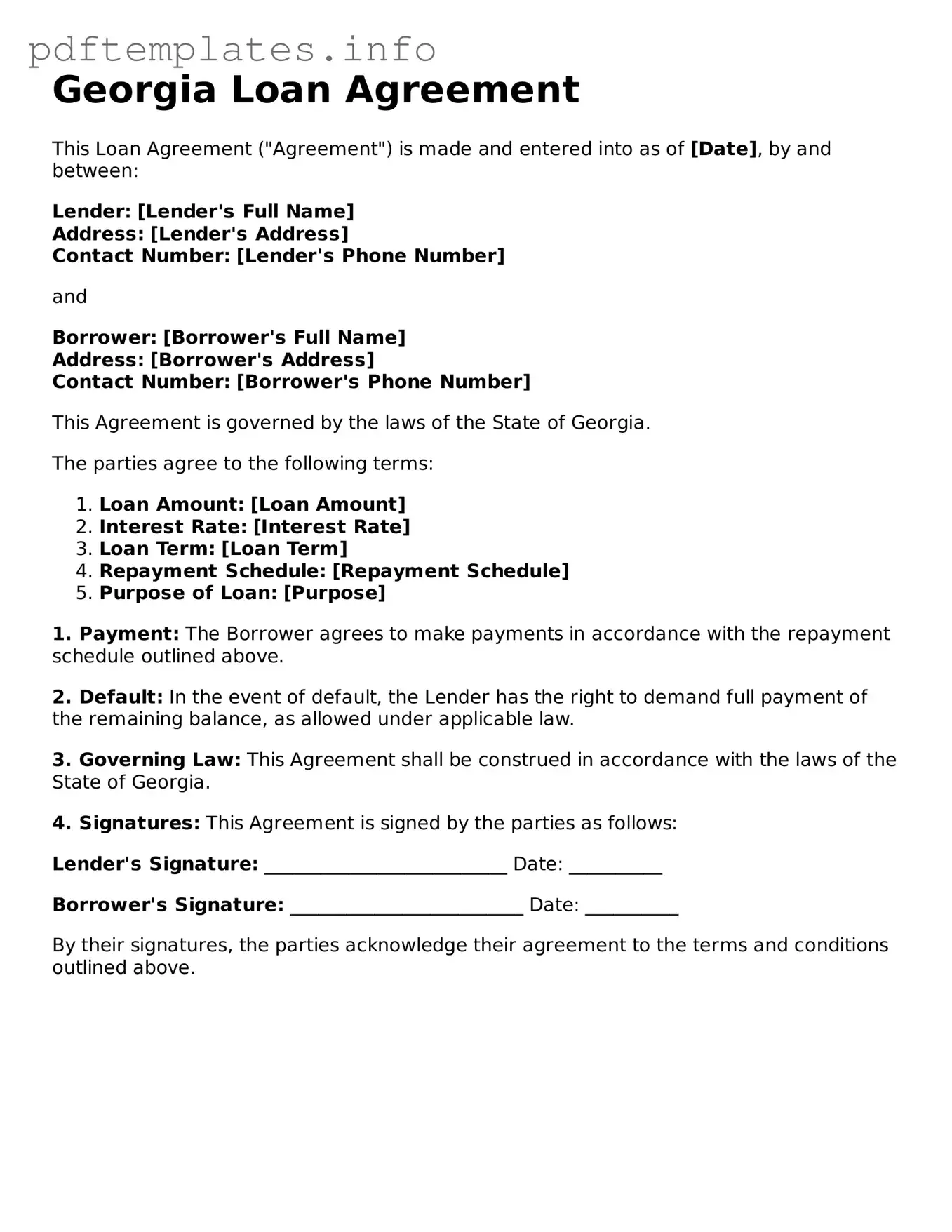 Blank Loan Agreement Form for Georgia State