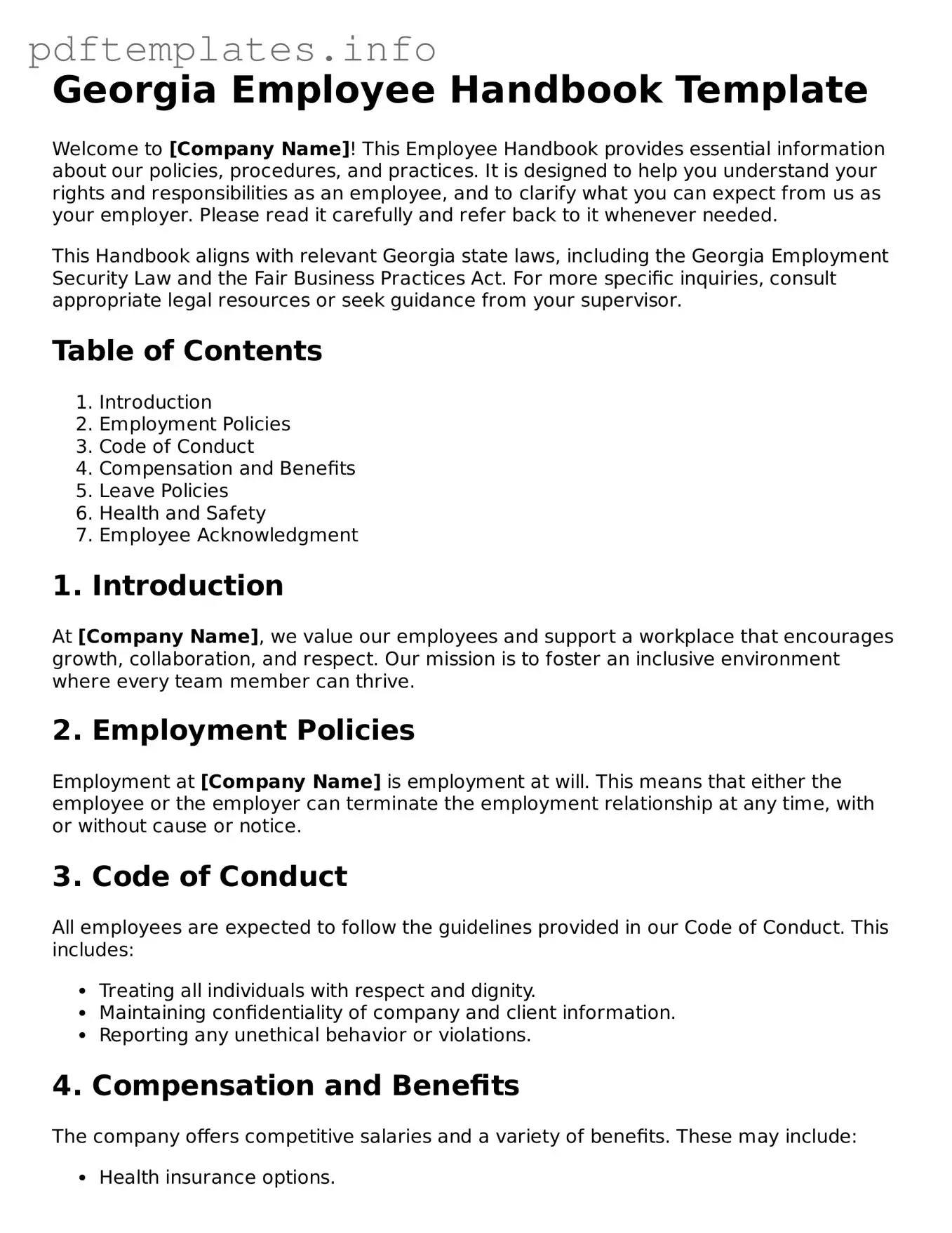 Blank Employee Handbook Form for Georgia State