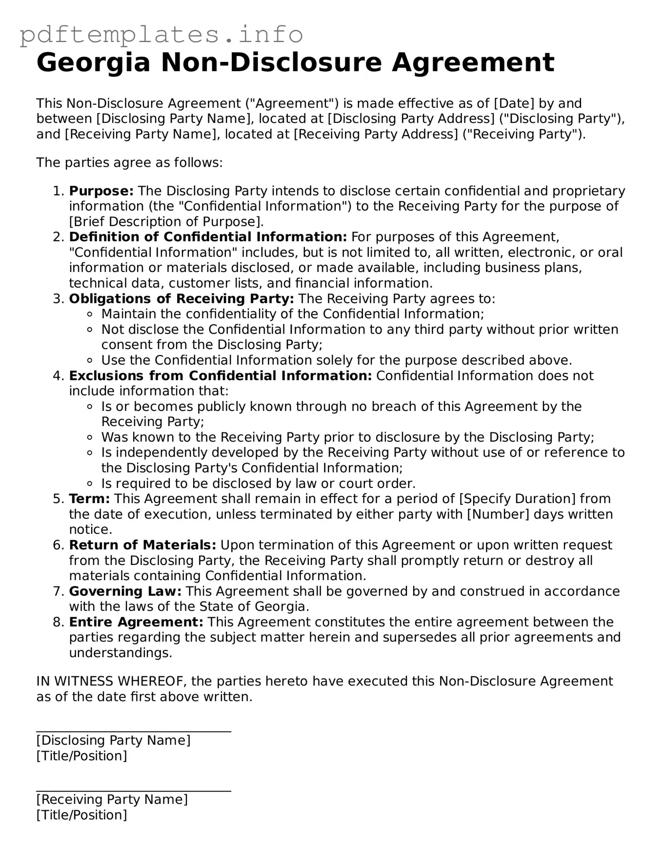 Blank Non-disclosure Agreement Form for Georgia State