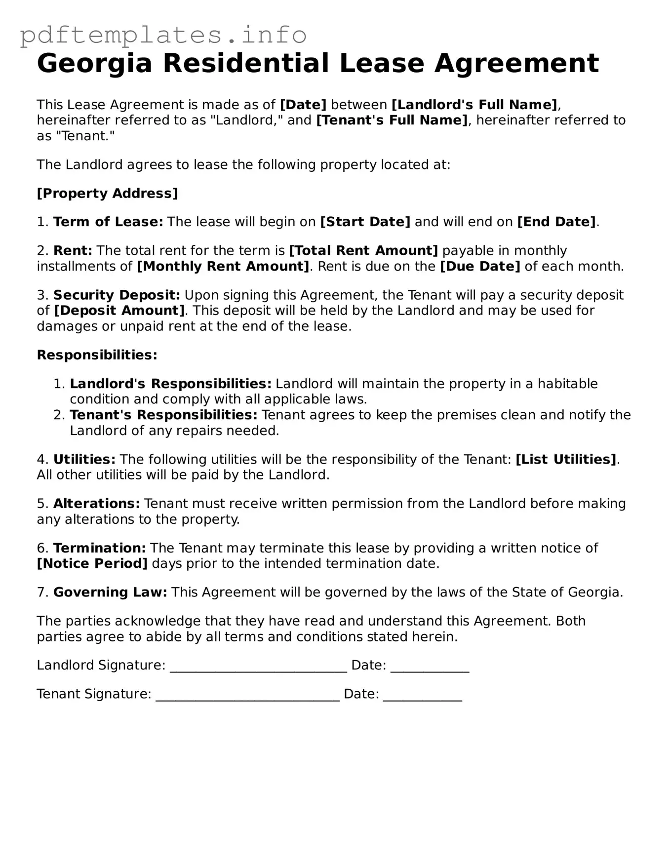 Blank Residential Lease Agreement Form for Georgia State