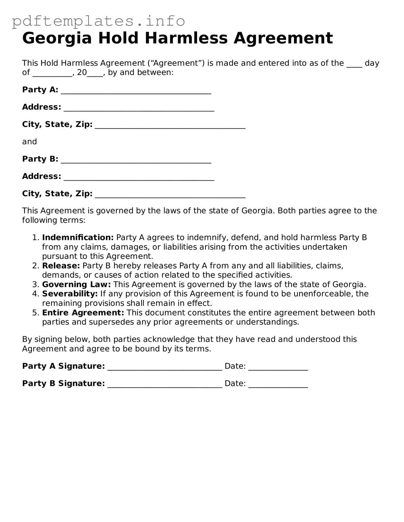 Blank Hold Harmless Agreement Form for Georgia State