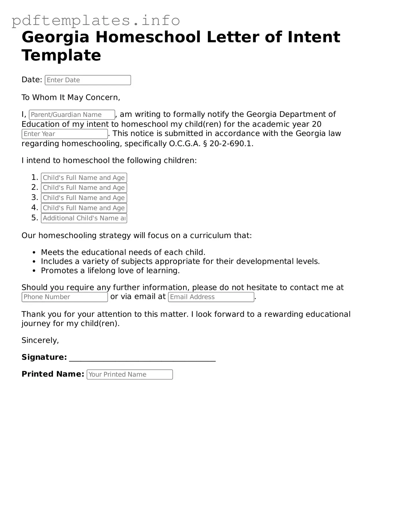 Blank Homeschool Letter of Intent Form for Georgia State