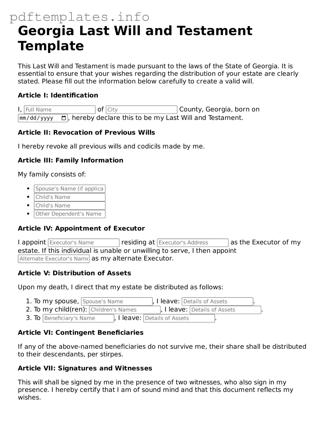 Blank Last Will and Testament Form for Georgia State