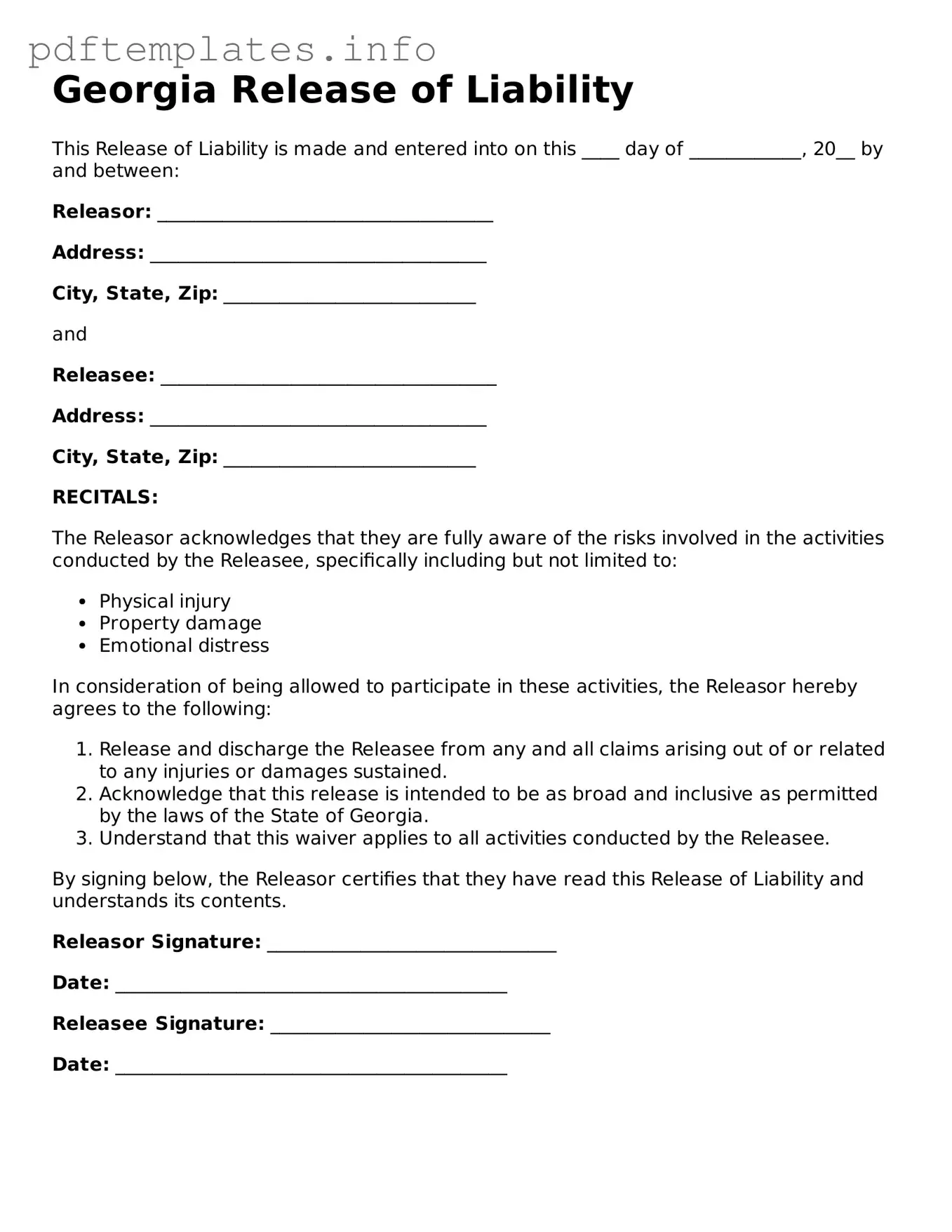 Blank Release of Liability Form for Georgia State