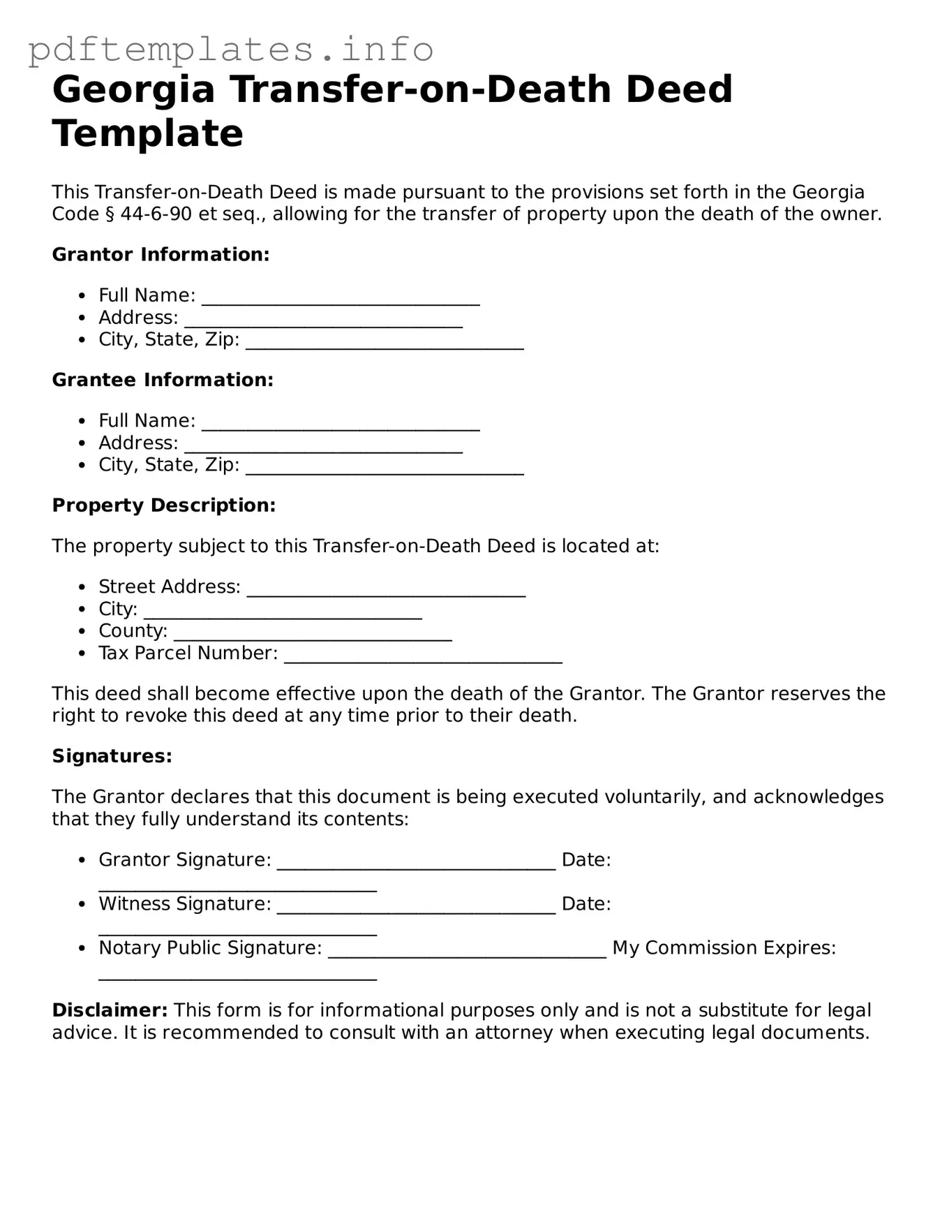 Blank Transfer-on-Death Deed Form for Georgia State