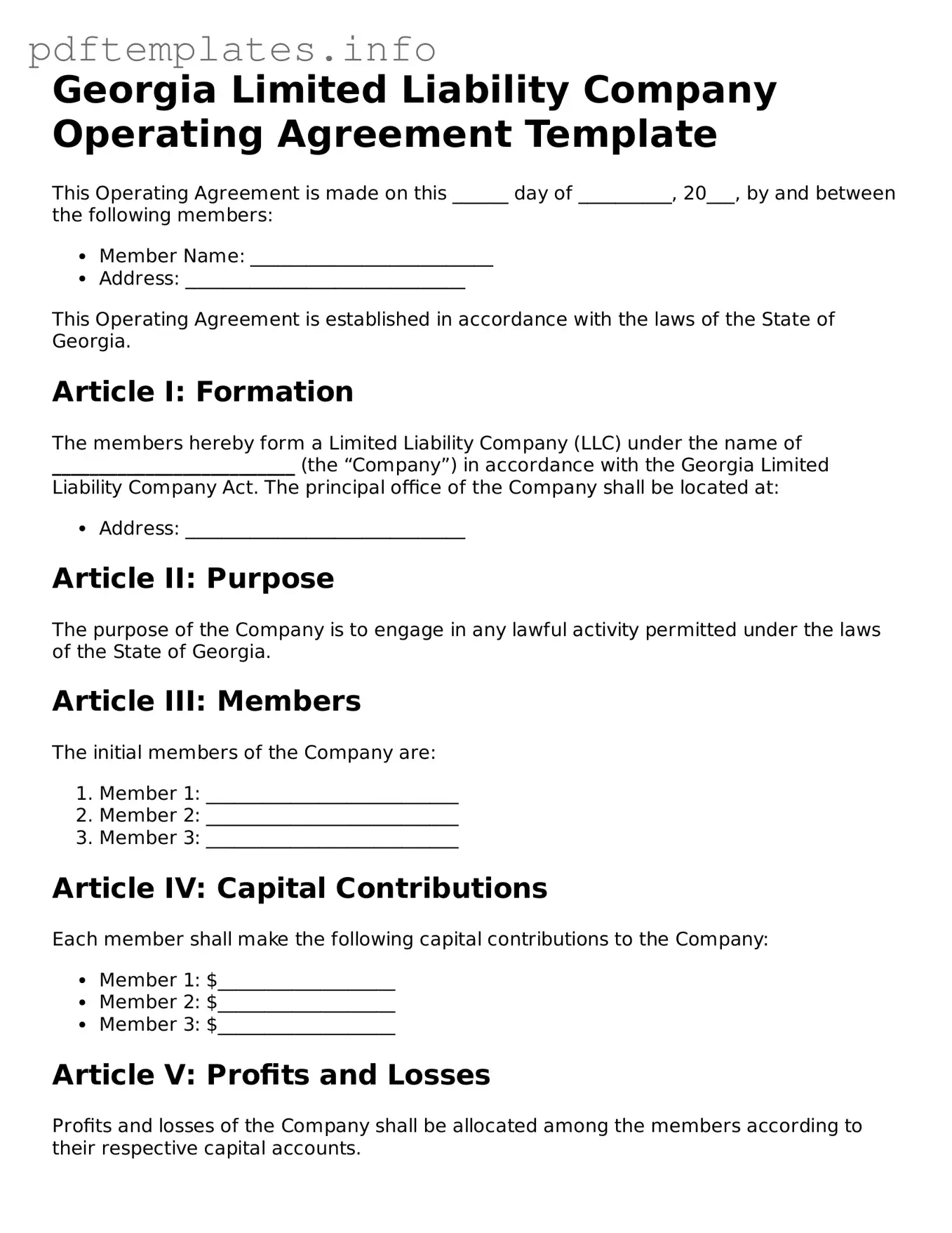 Blank Operating Agreement Form for Georgia State