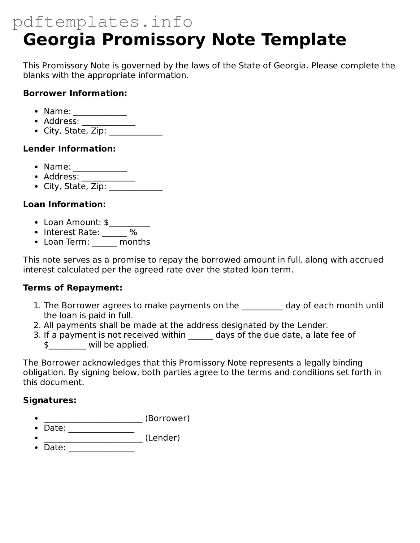 Blank Promissory Note Form for Georgia State