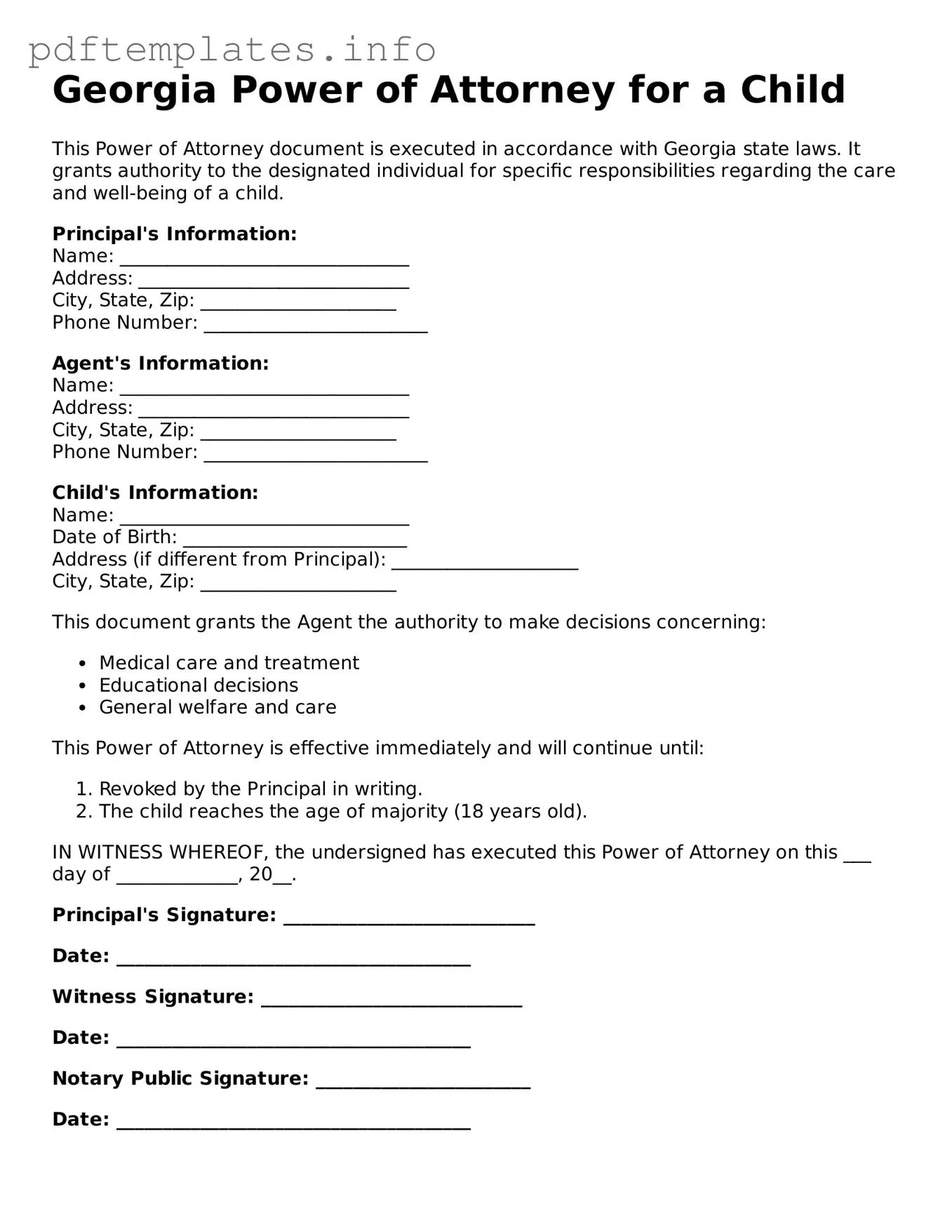Blank Power of Attorney for a Child Form for Georgia State