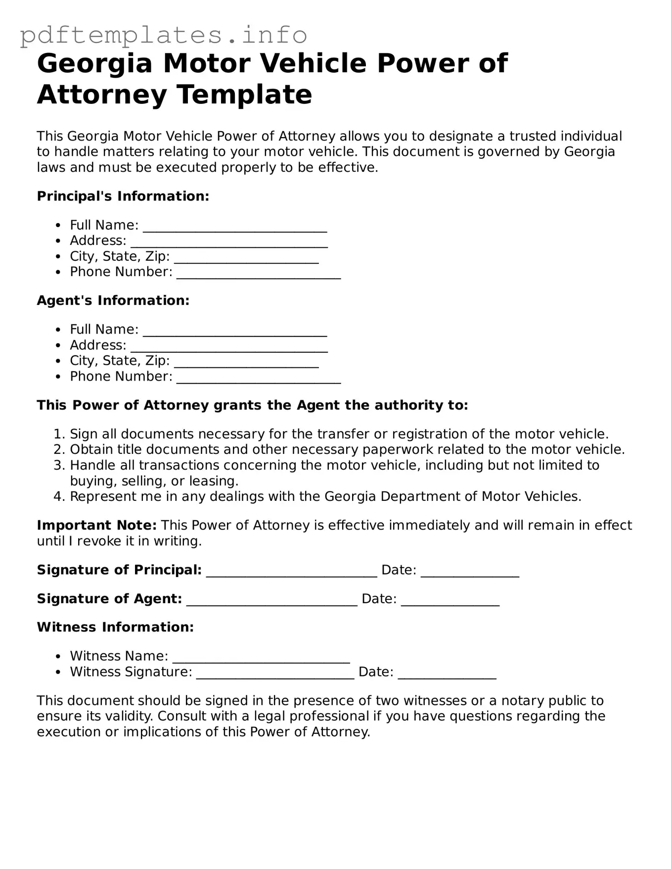 Blank Motor Vehicle Power of Attorney Form for Georgia State