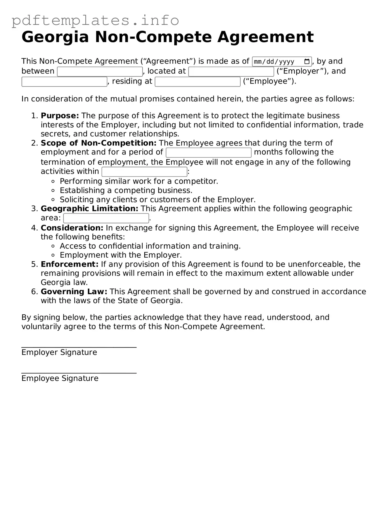 Blank Non-compete Agreement Form for Georgia State