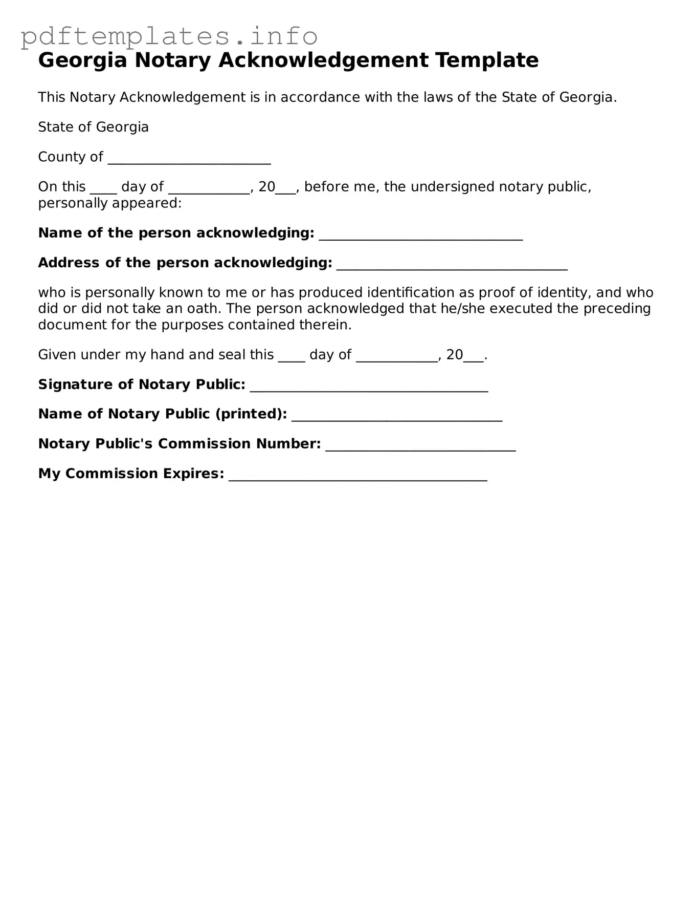 Blank Notary Acknowledgement Form for Georgia State
