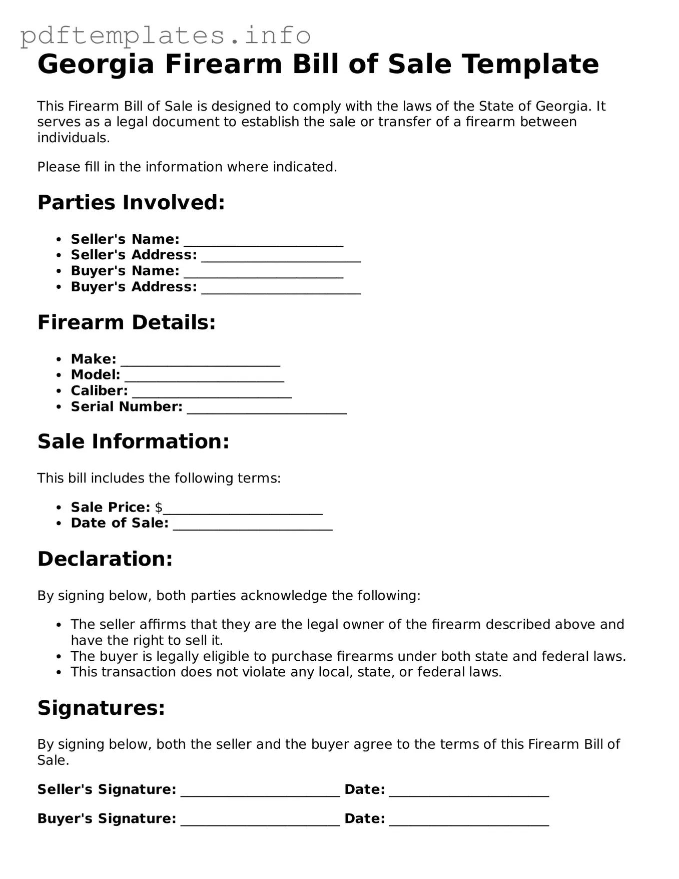 Blank Firearm Bill of Sale Form for Georgia State