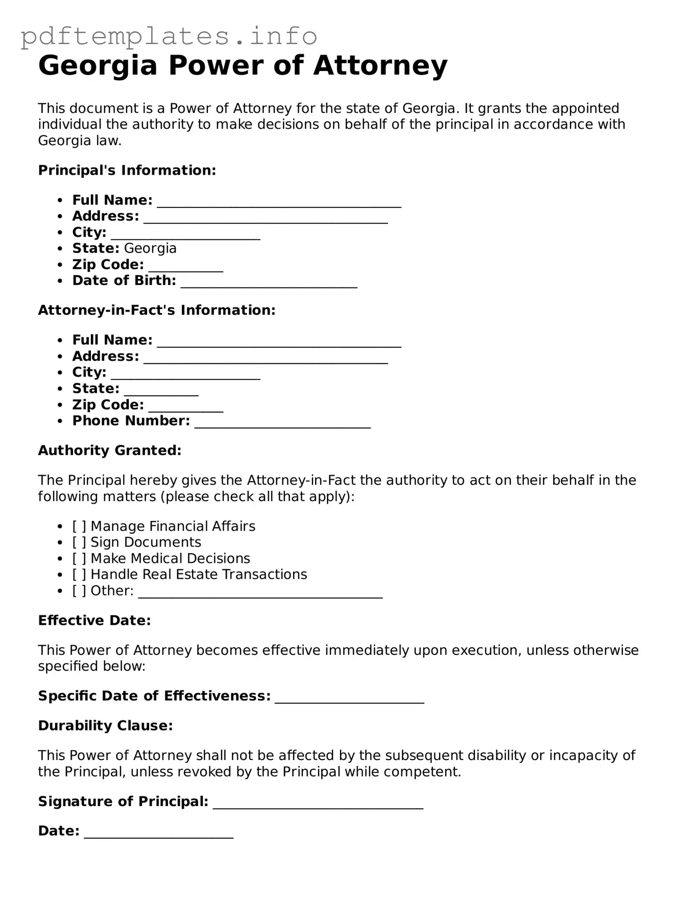 Blank Power of Attorney Form for Georgia State