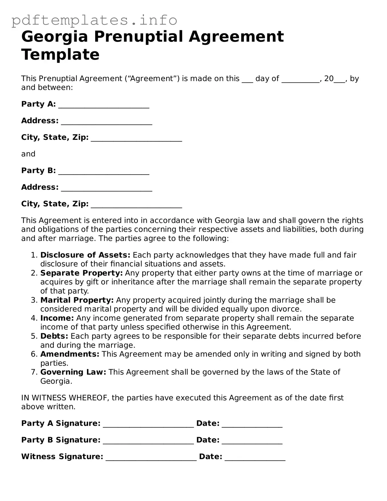 Blank Prenuptial Agreement Form for Georgia State