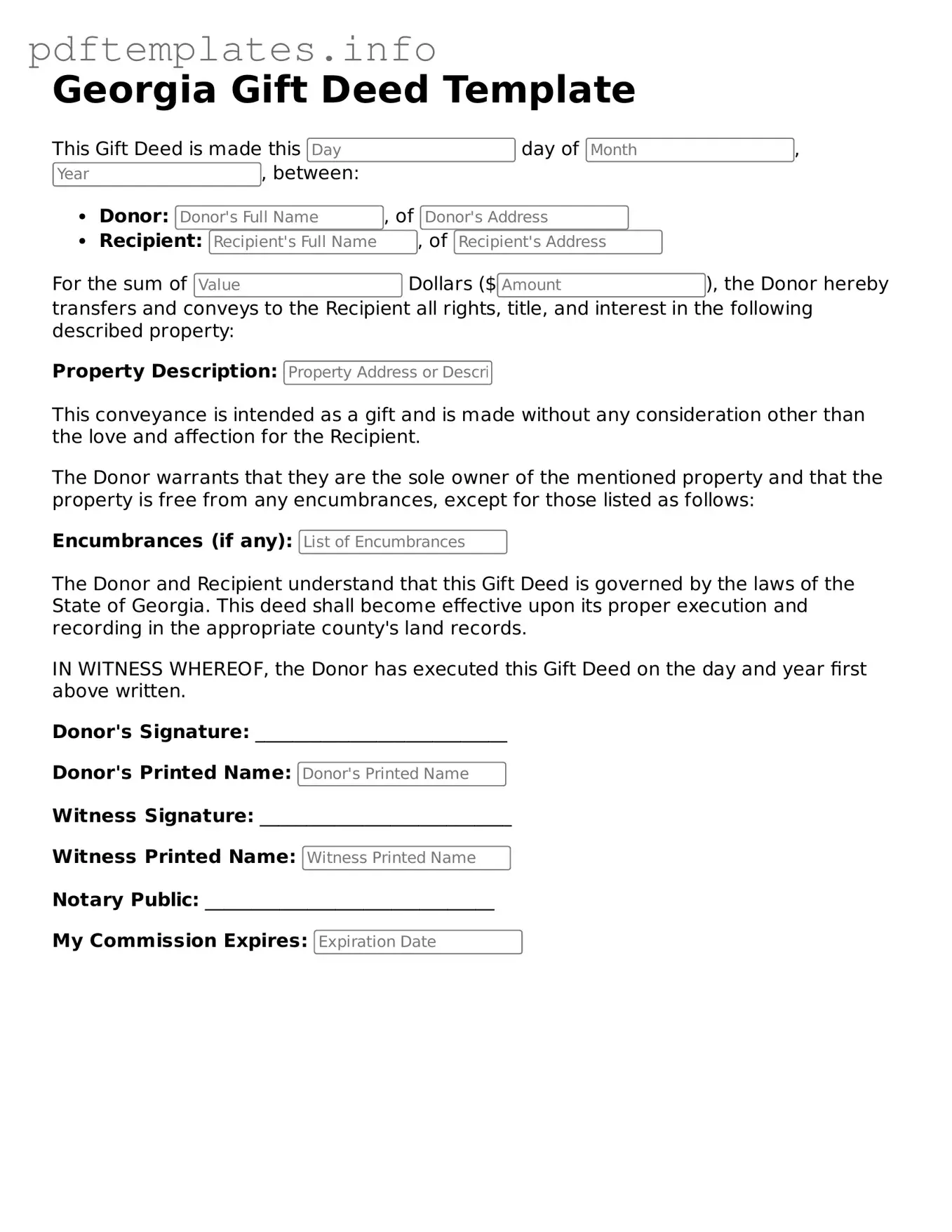 Blank Gift Deed Form for Georgia State