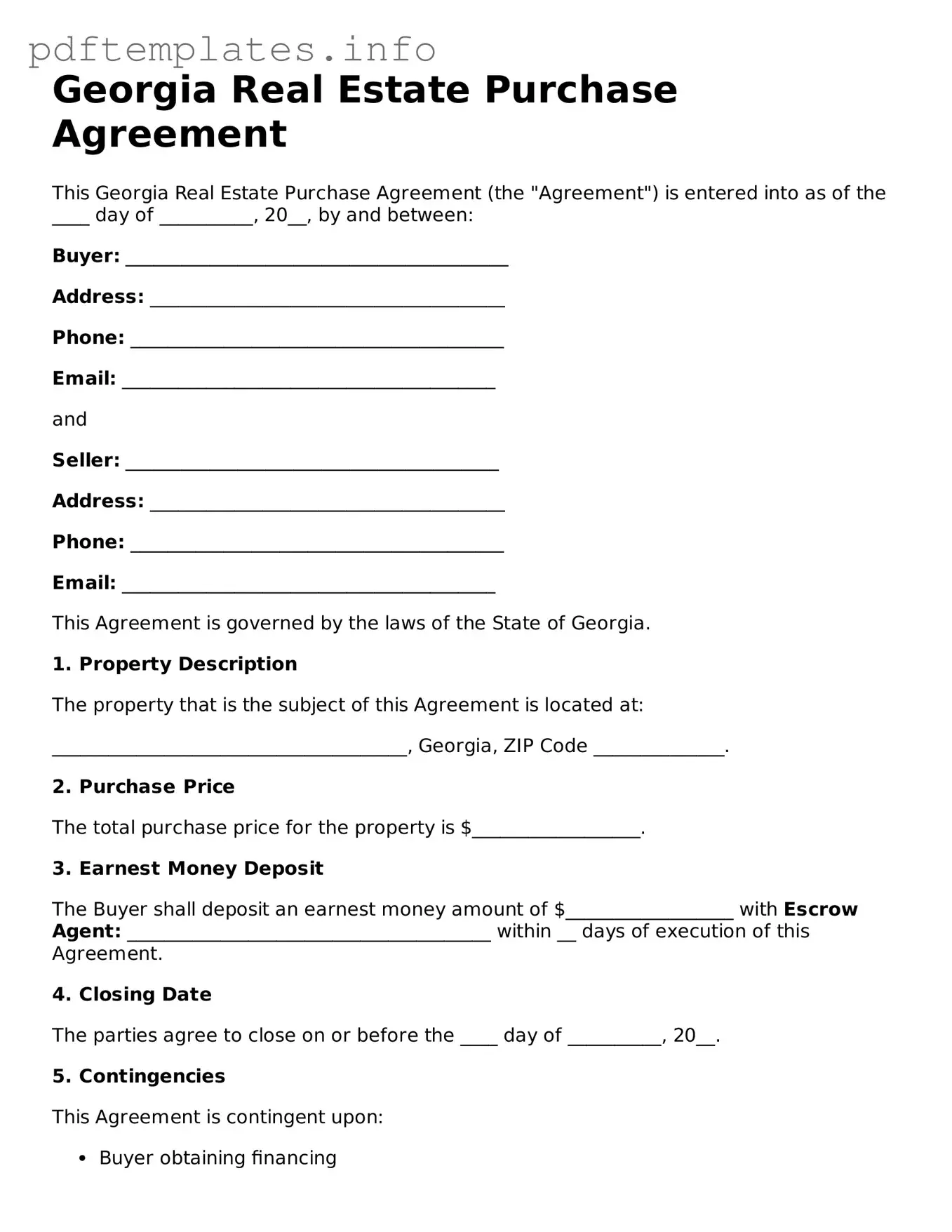 Blank Real Estate Purchase Agreement Form for Georgia State