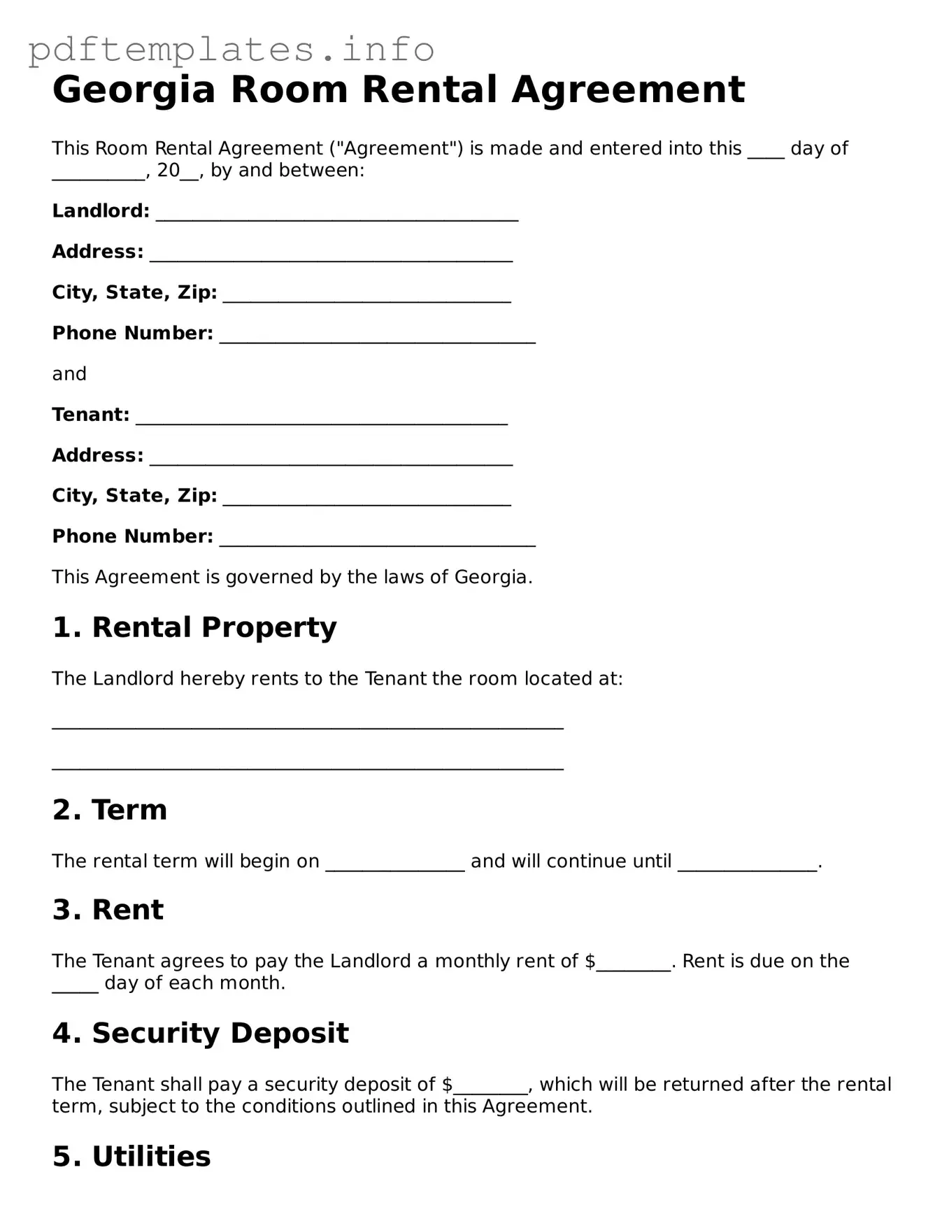 Blank Room Rental Agreement Form for Georgia State