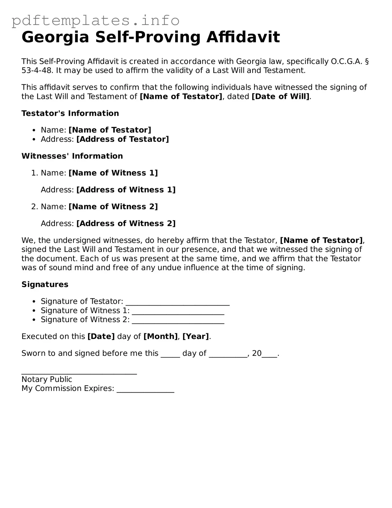 Blank Self-Proving Affidavit Form for Georgia State