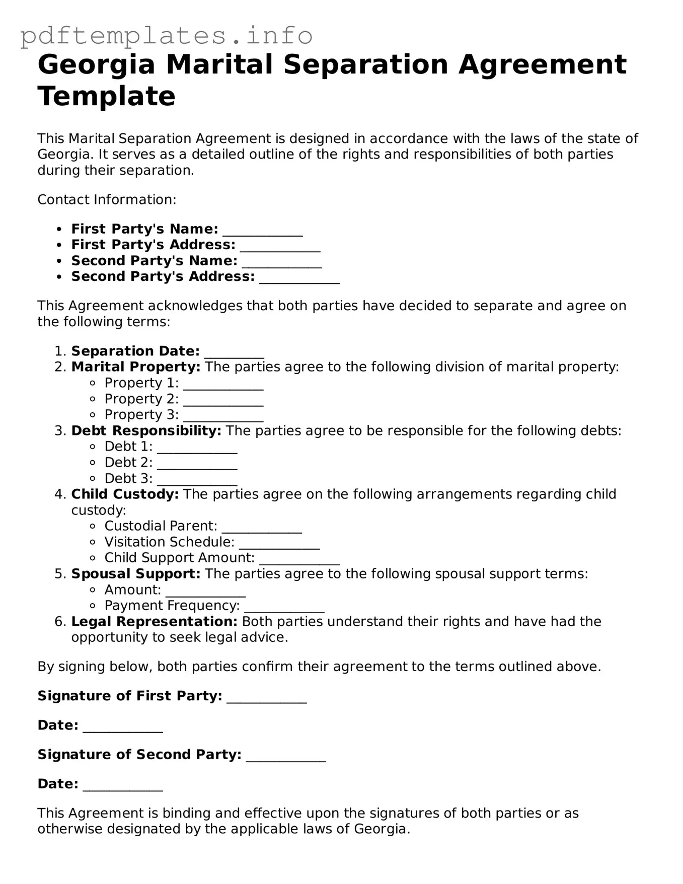 Blank Marital Separation Agreement Form for Georgia State