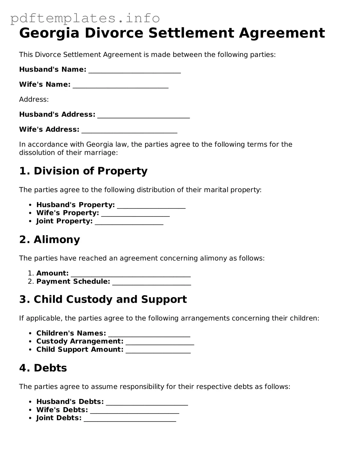Blank Divorce Settlement Agreement Form for Georgia State