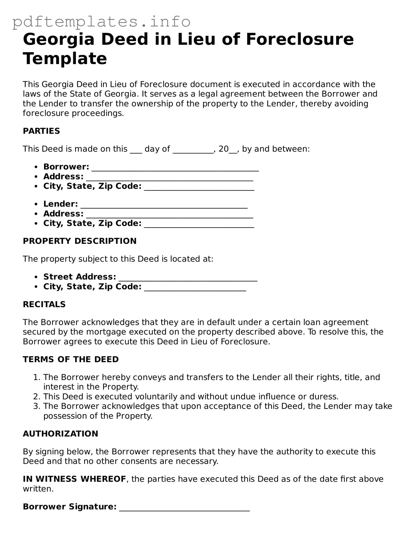 Blank Deed in Lieu of Foreclosure Form for Georgia State