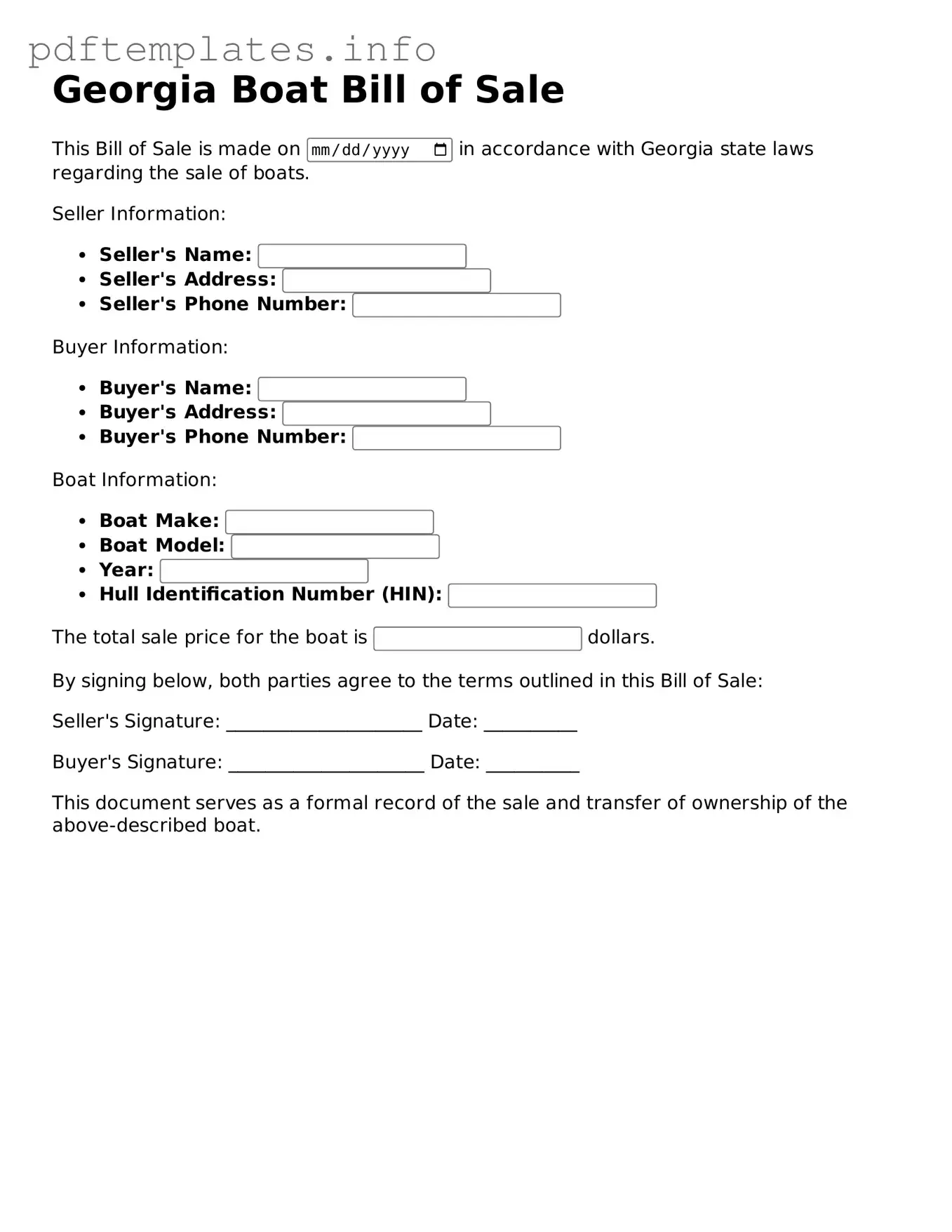 Blank Boat Bill of Sale Form for Georgia State