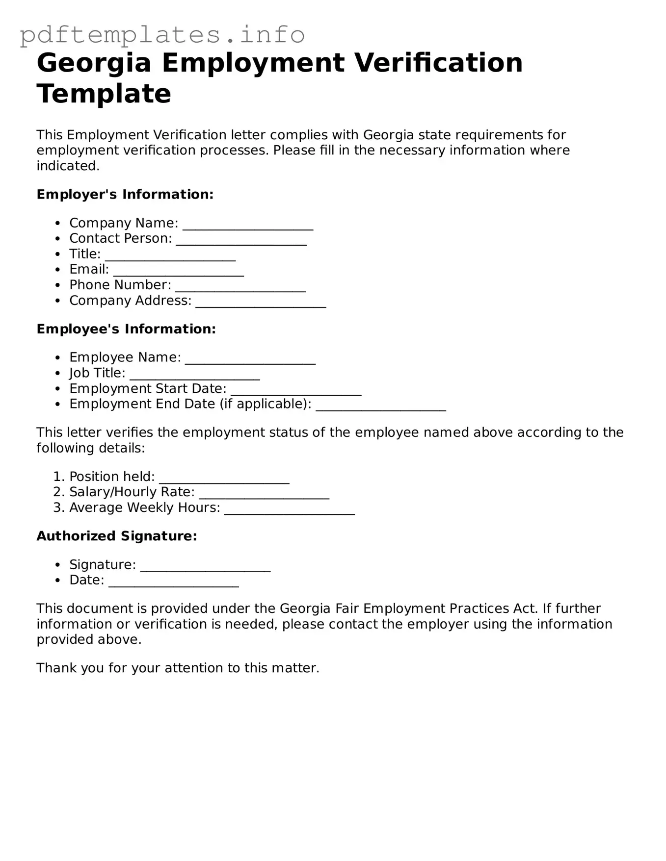 Blank Employment Verification Form for Georgia State