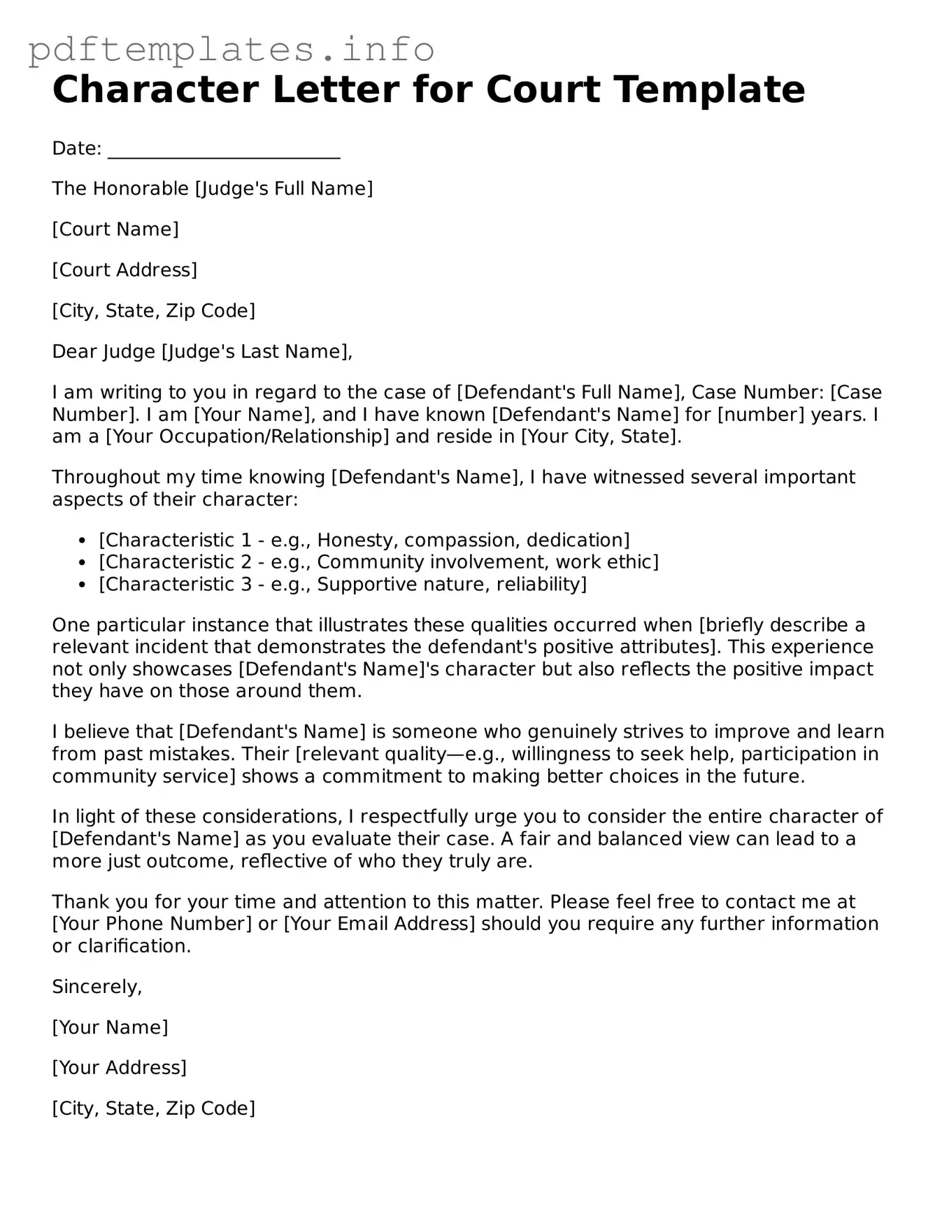 Printable Character Letter for Court Form