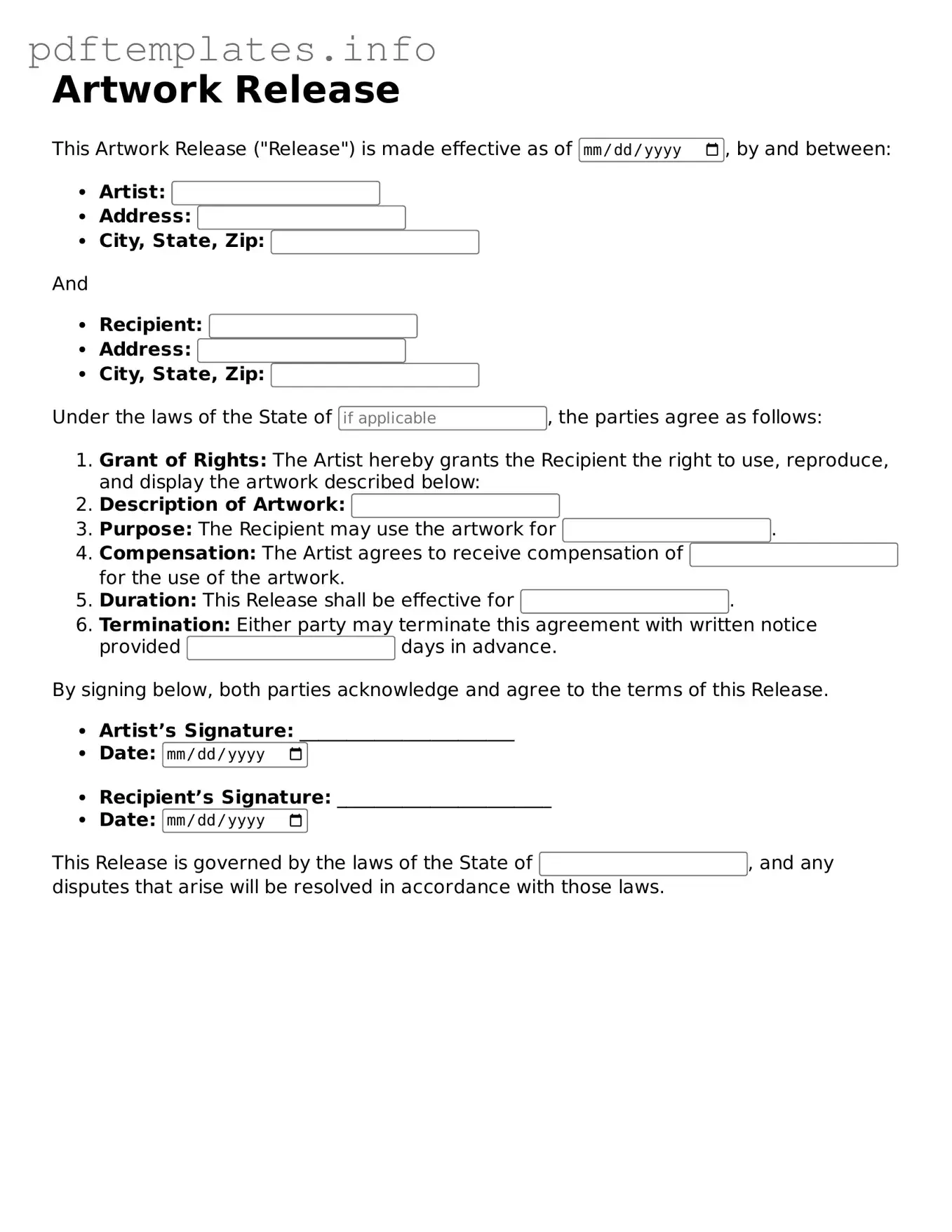 Printable Artwork Release Form