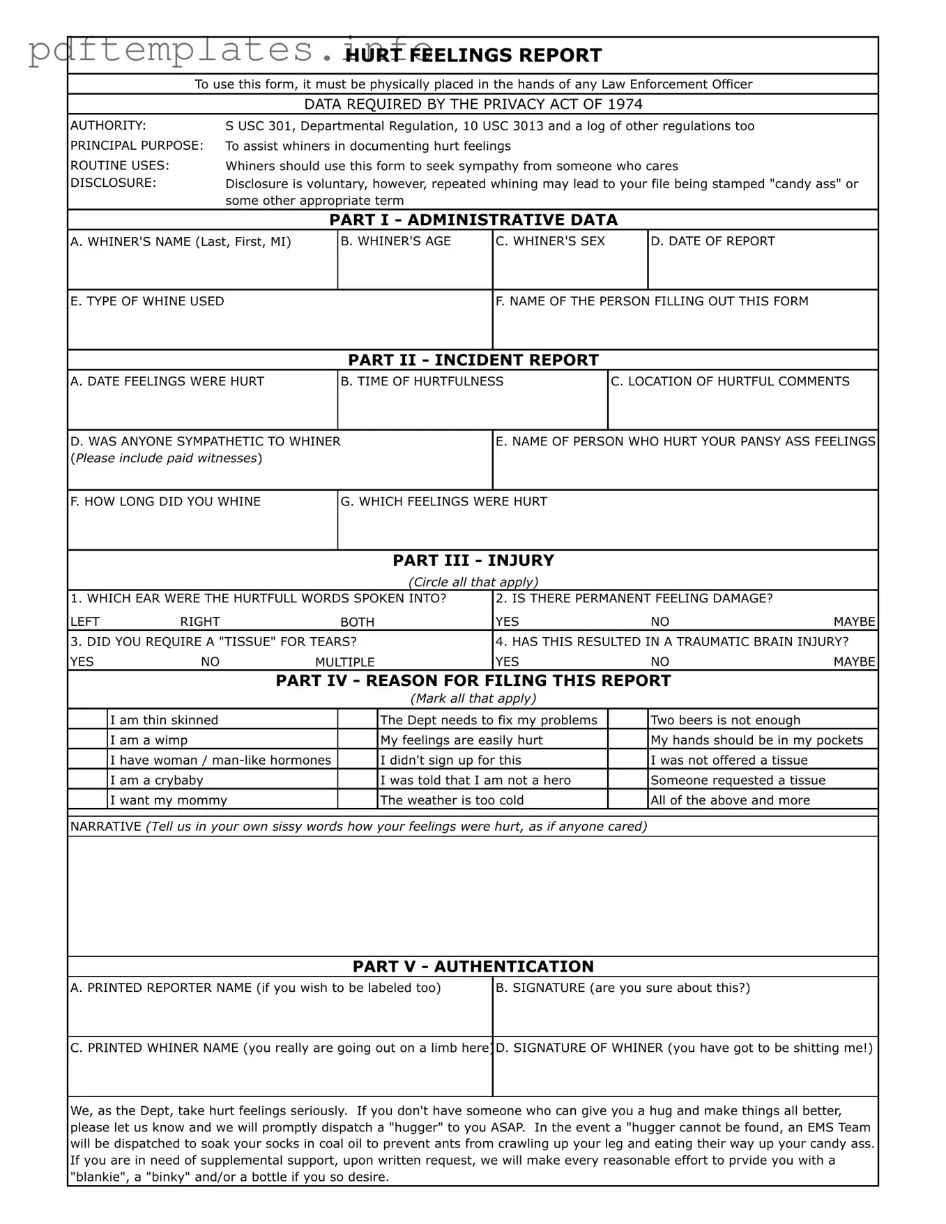 Fill Out a Valid Hurt Feelings Report Form